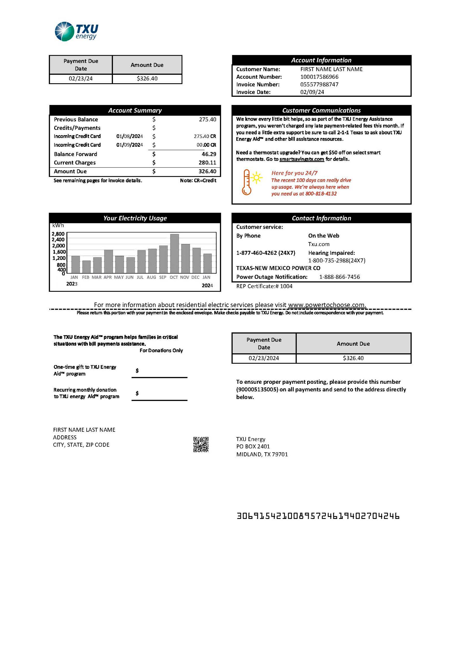 TXU Energy utility bill from {State} – customizable PDF for address proof