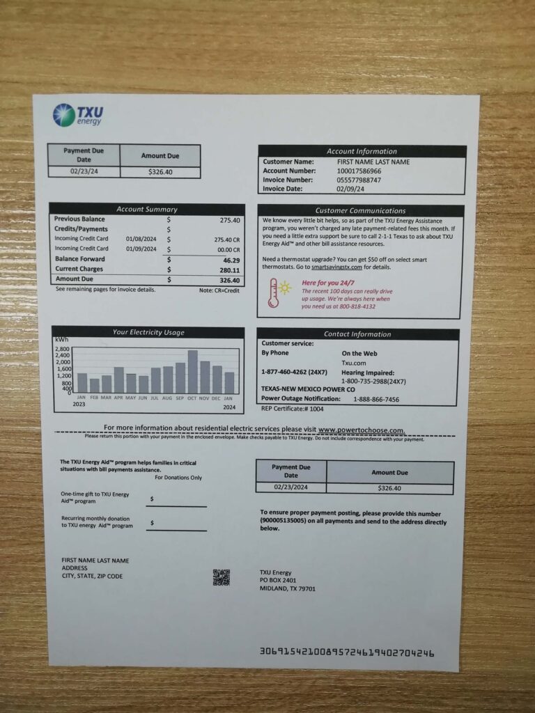 TXU Energy utility bill template