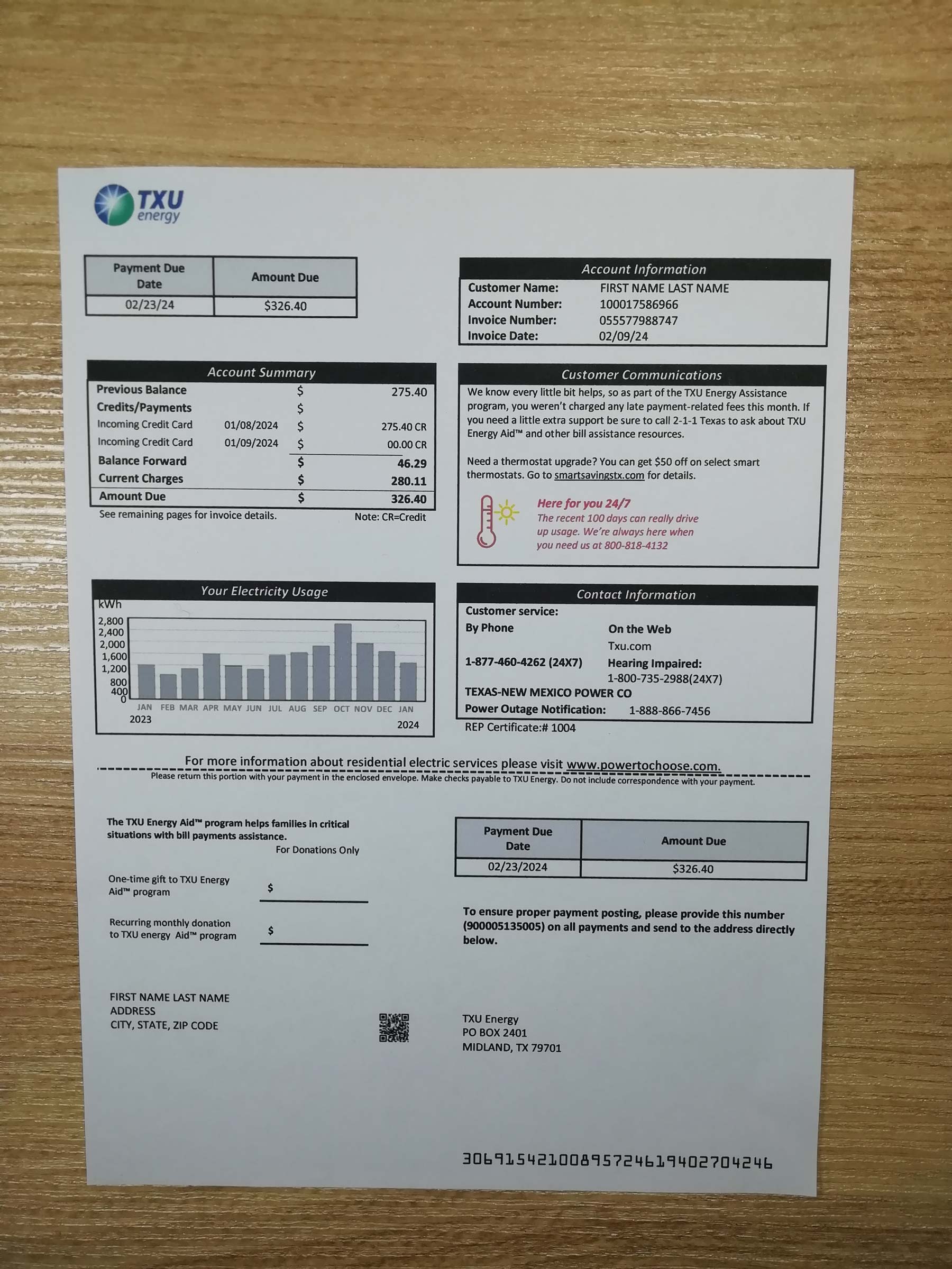 Visual example of printed TXU Energy utility bill in {State}