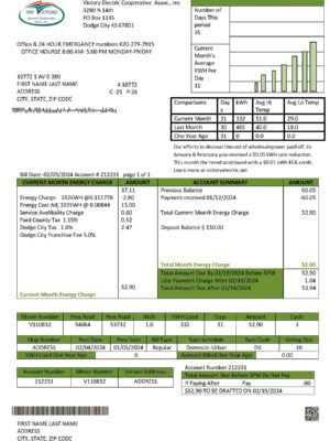Kansas Victory Electric Editable {utility type} bill template – {State} {Provider} sample in PDF