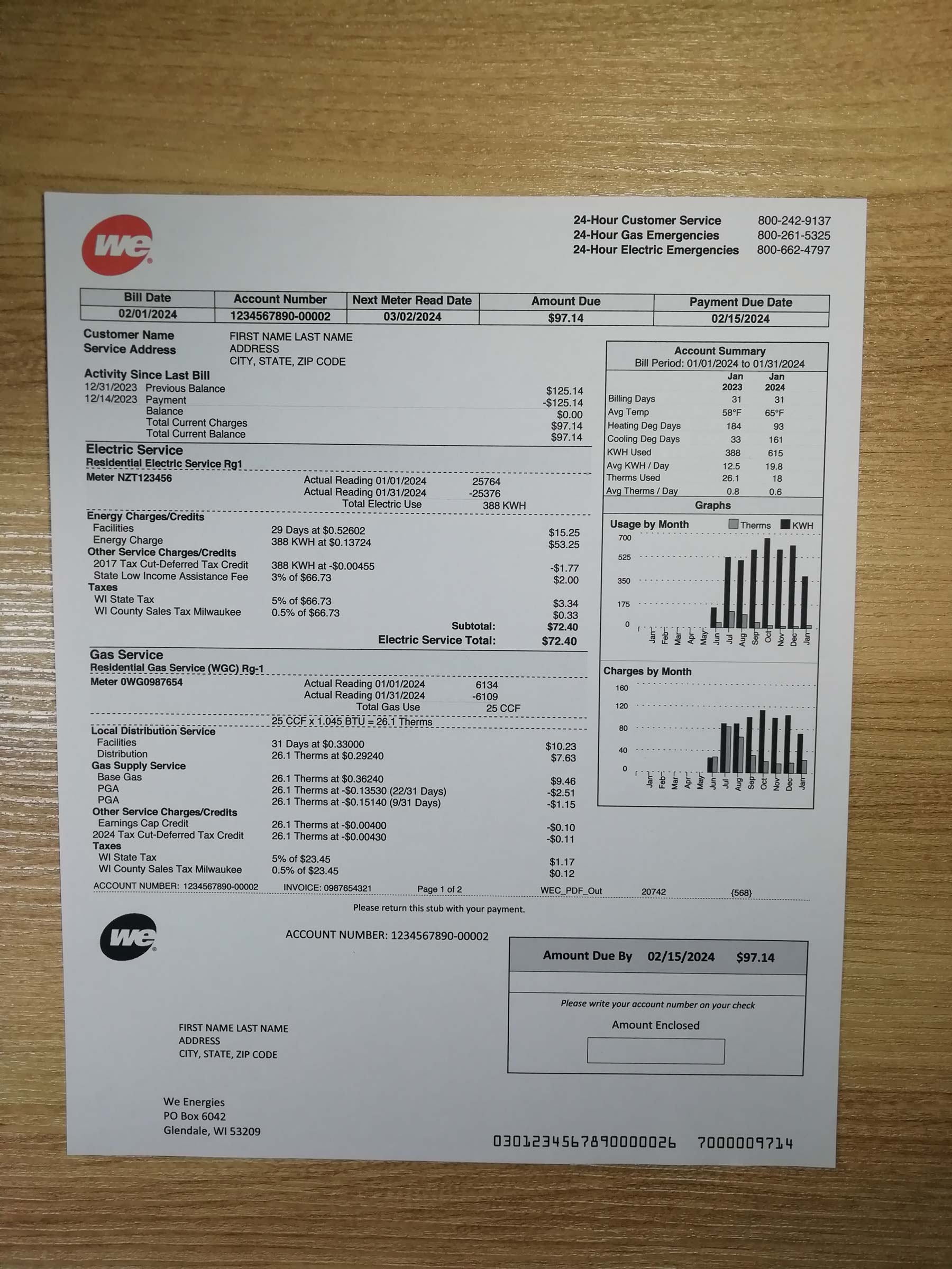 Authentic printed WE bill from Wisconsin – proof of address example