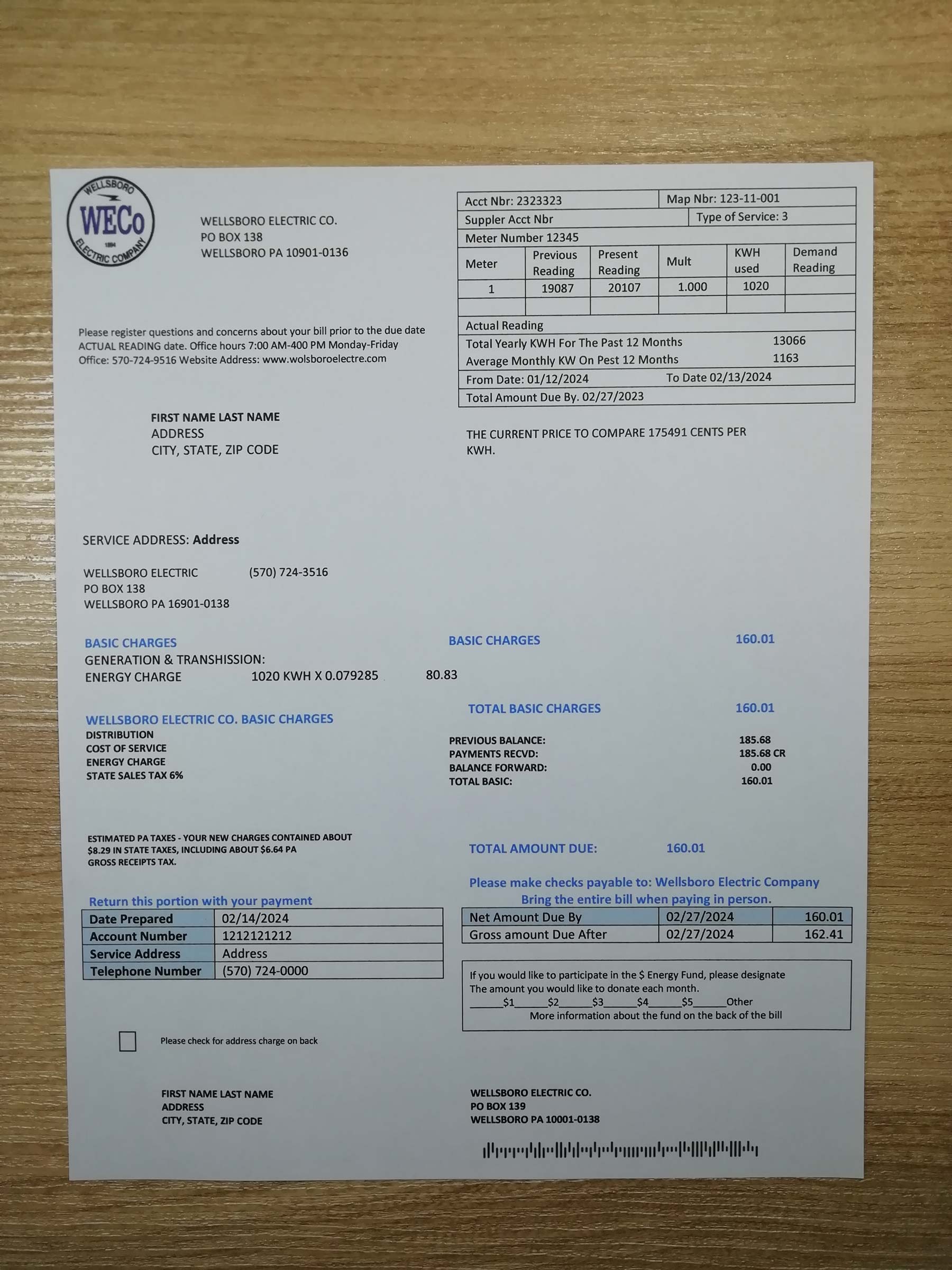 Pennsylvania Wellsboro Electric Authentic printed {Provider} bill from {State} – proof of address example