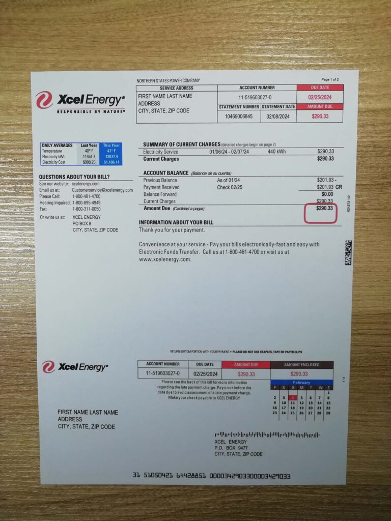 Xcel Energy utility bill template
