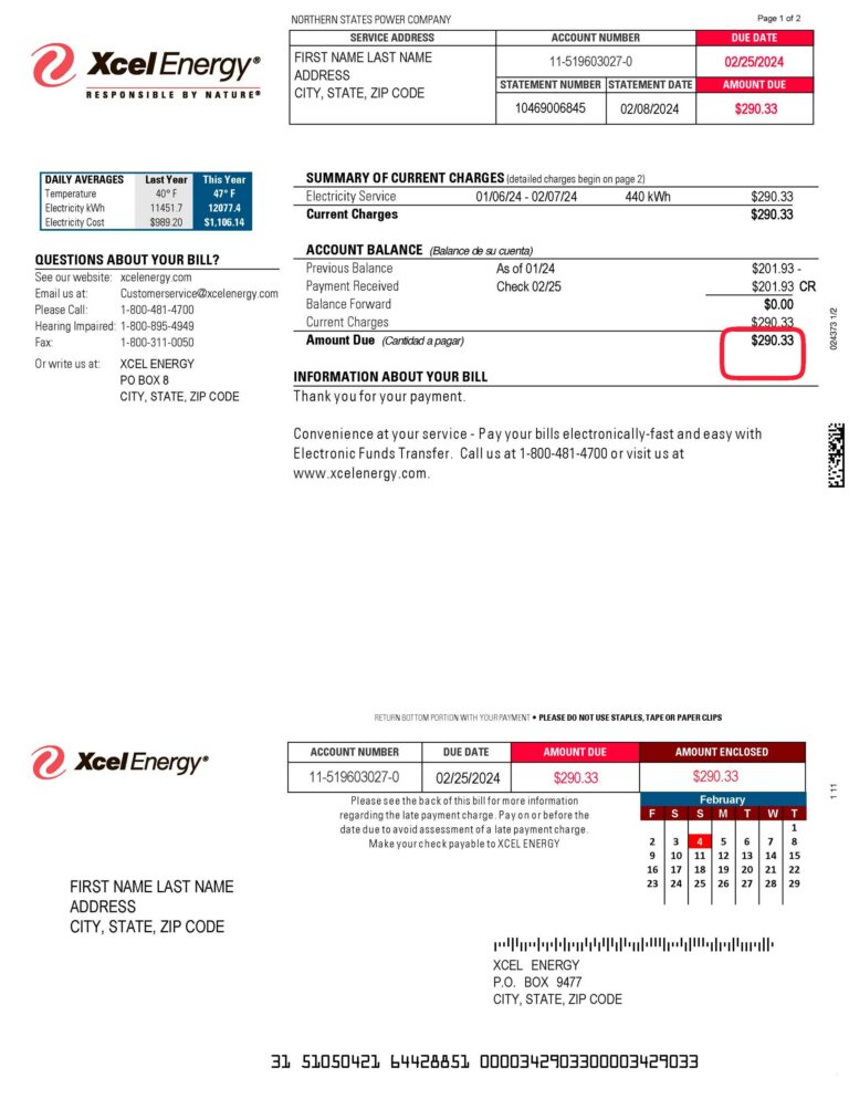 Editable {utility type} bill template – Texas Xcel Energy sample in PDF