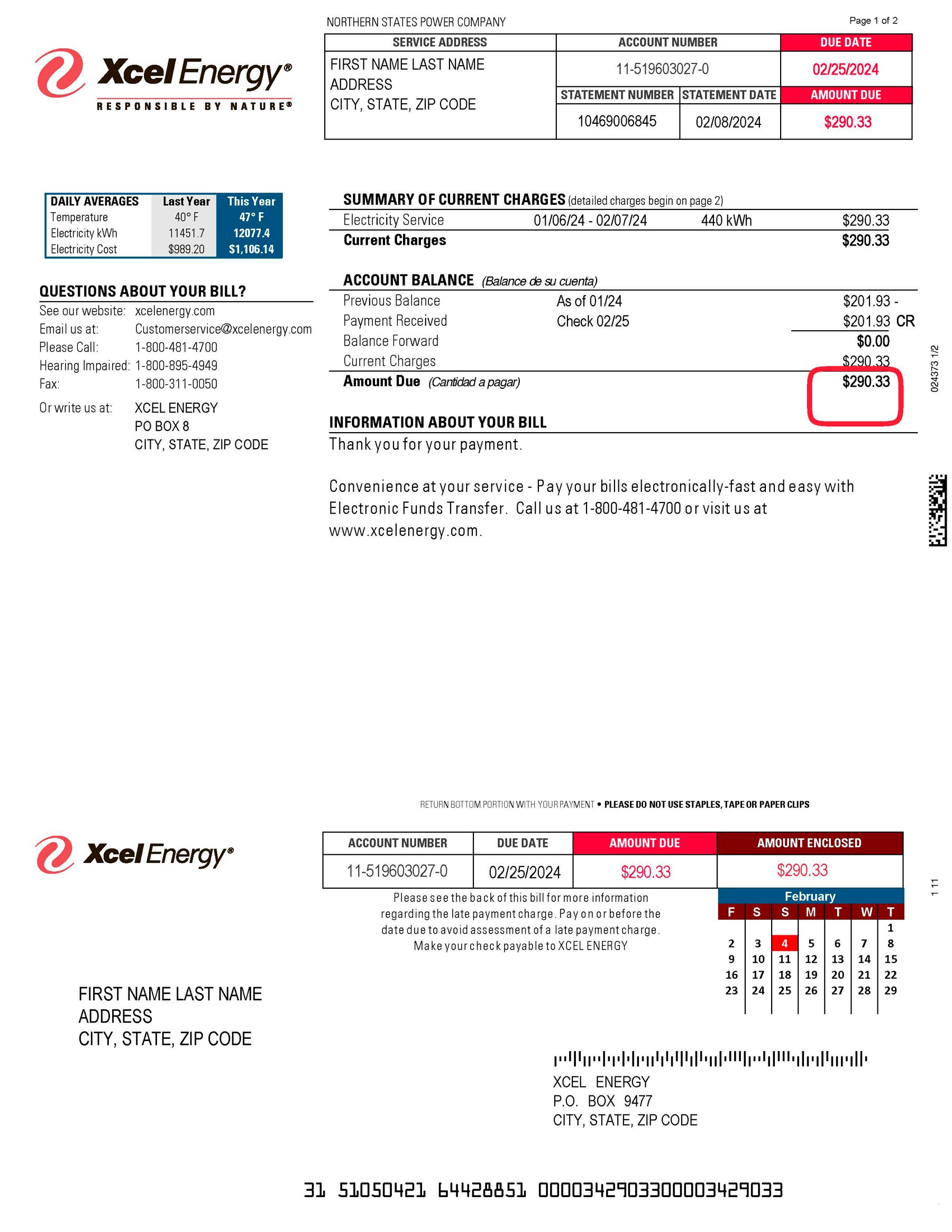 Editable {utility type} bill template – Texas Xcel Energy sample in PDF