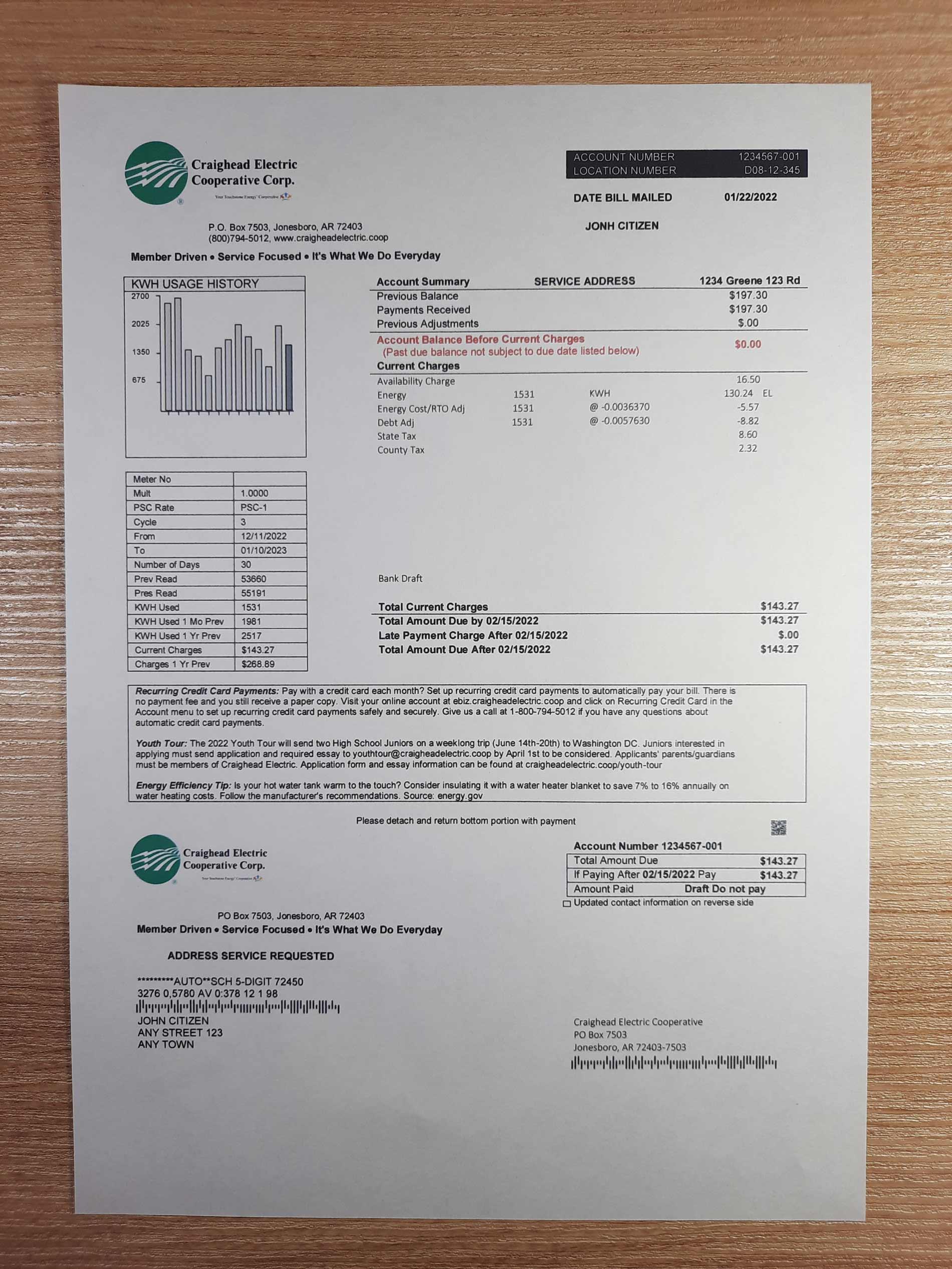 Craighead Electric bill template