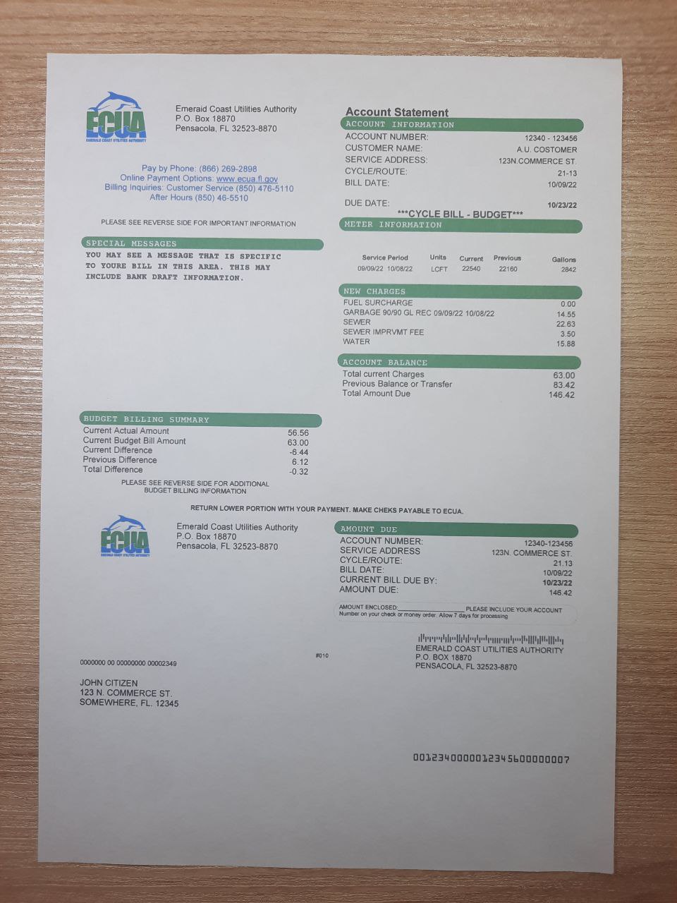 Florida ECUA utility bill generator