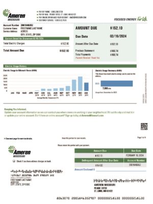 Missouri Editable {utility type} bill template – {State} AMEREN sample in PDF