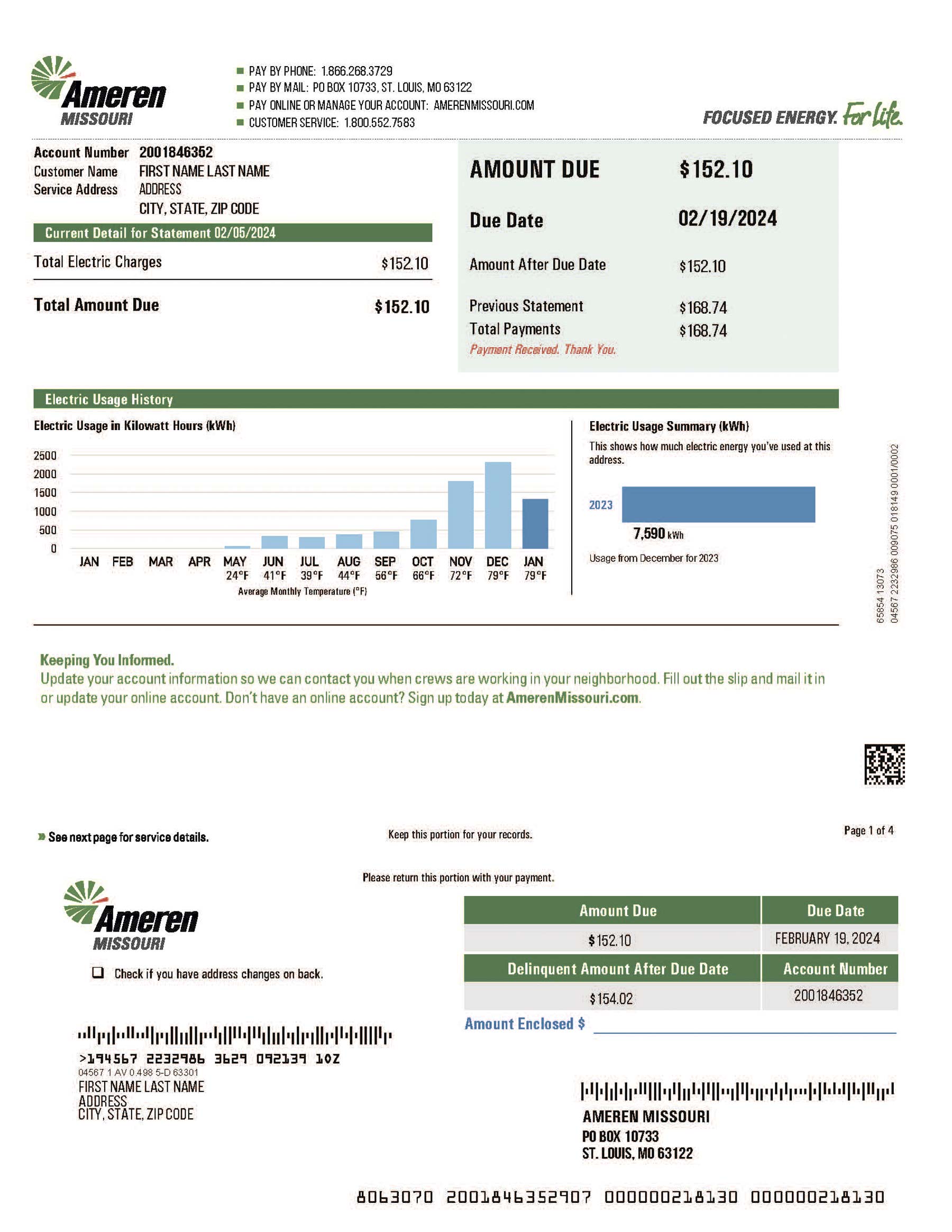 Missouri Editable {utility type} bill template – {State} AMEREN sample in PDF