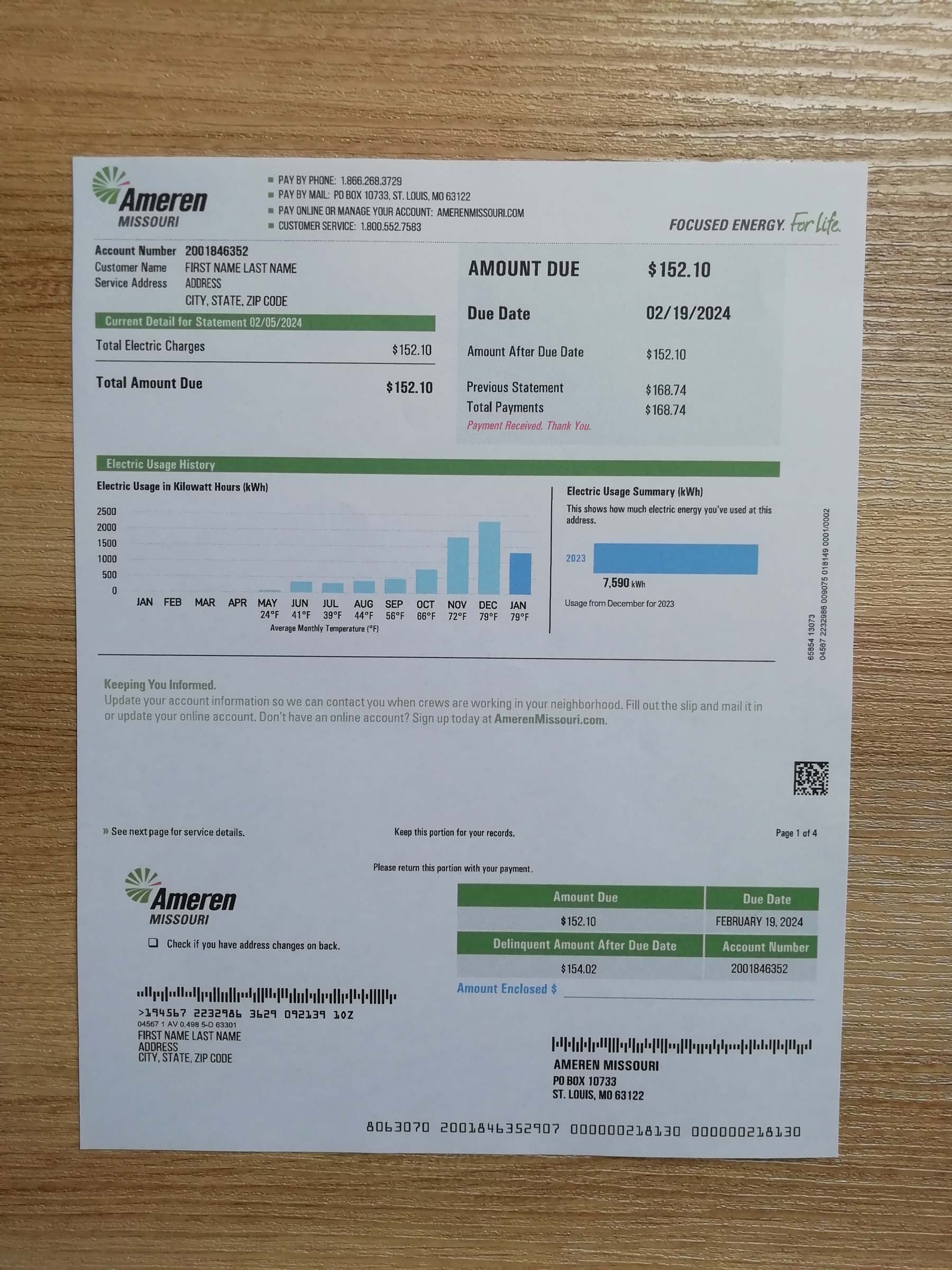 Missouri Printed {State} AMEREN utility bill – real photo for document verification