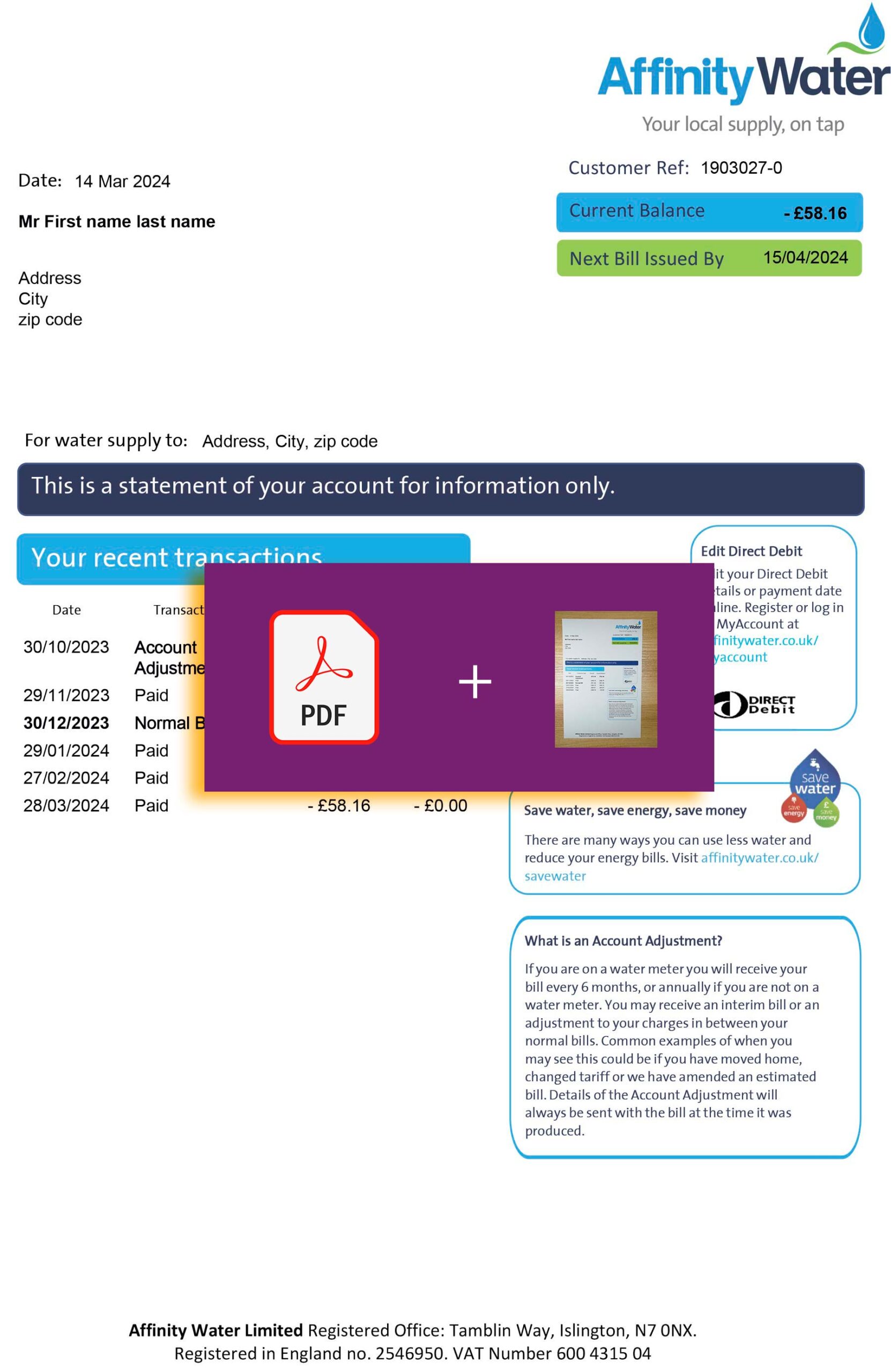 Downloadable {utility type} bill from Affinity Water, {State} – banner included