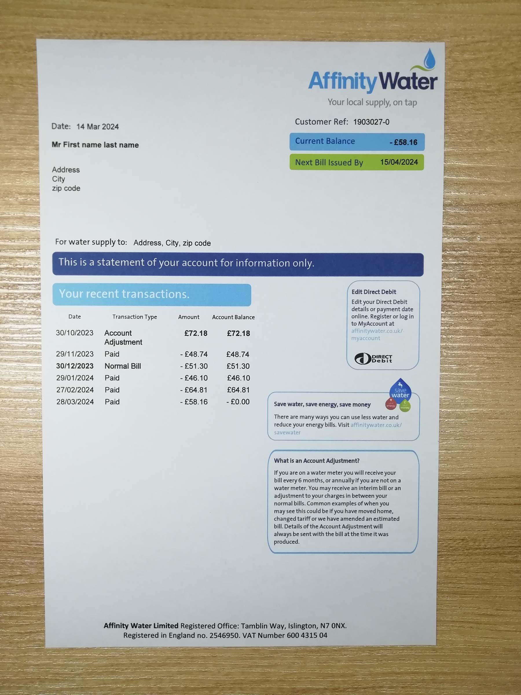 Authentic printed Affinity Water bill from {State} – proof of address example