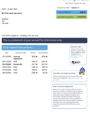 Affinity Water {utility type} statement from {State} – modifiable PDF template