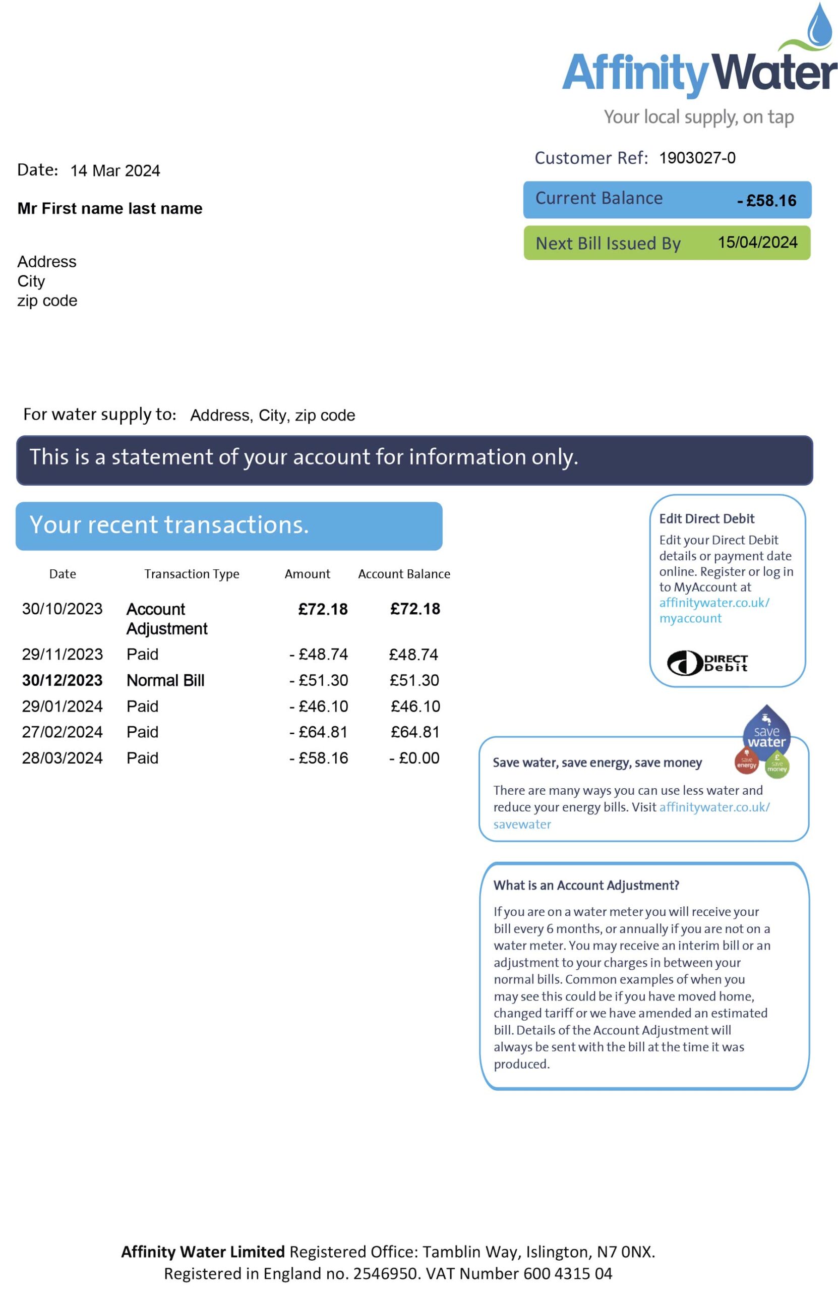 Affinity Water {utility type} statement from {State} – modifiable PDF template