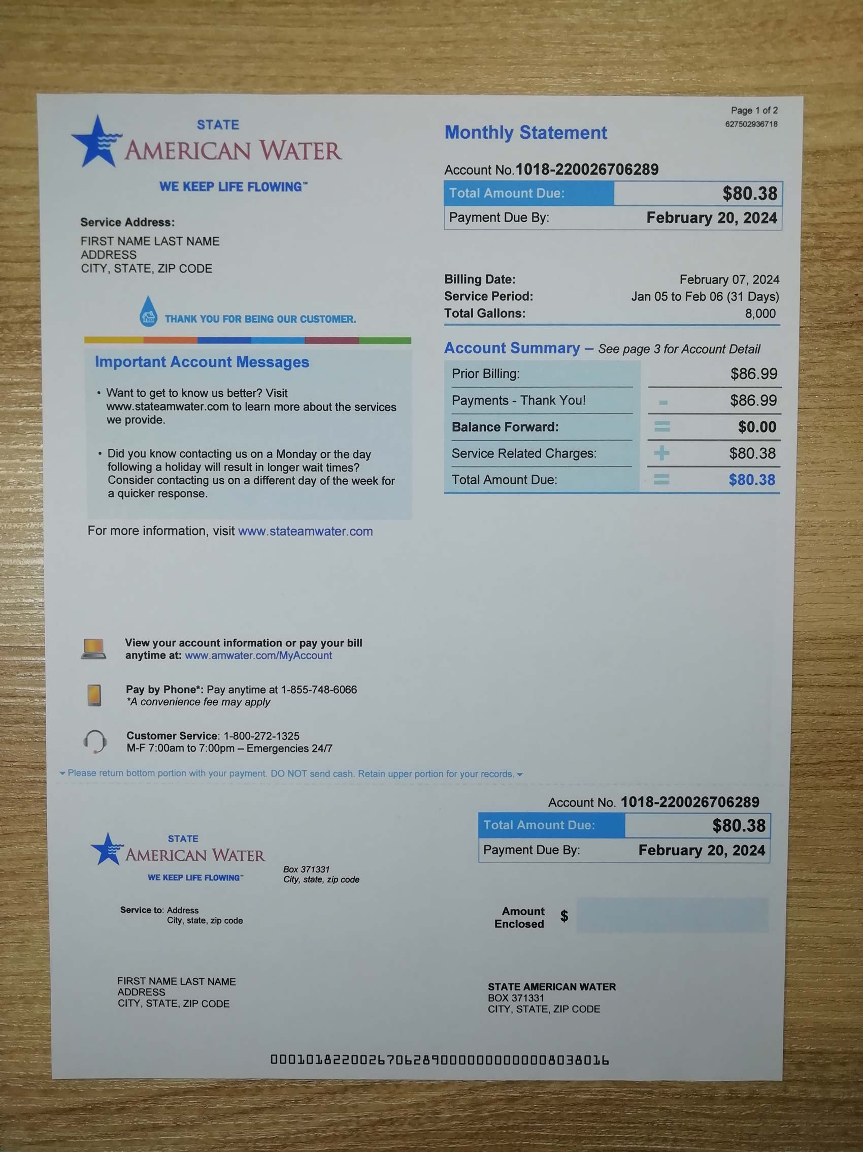 American Water bill printed and photographed – address proof from Illinois