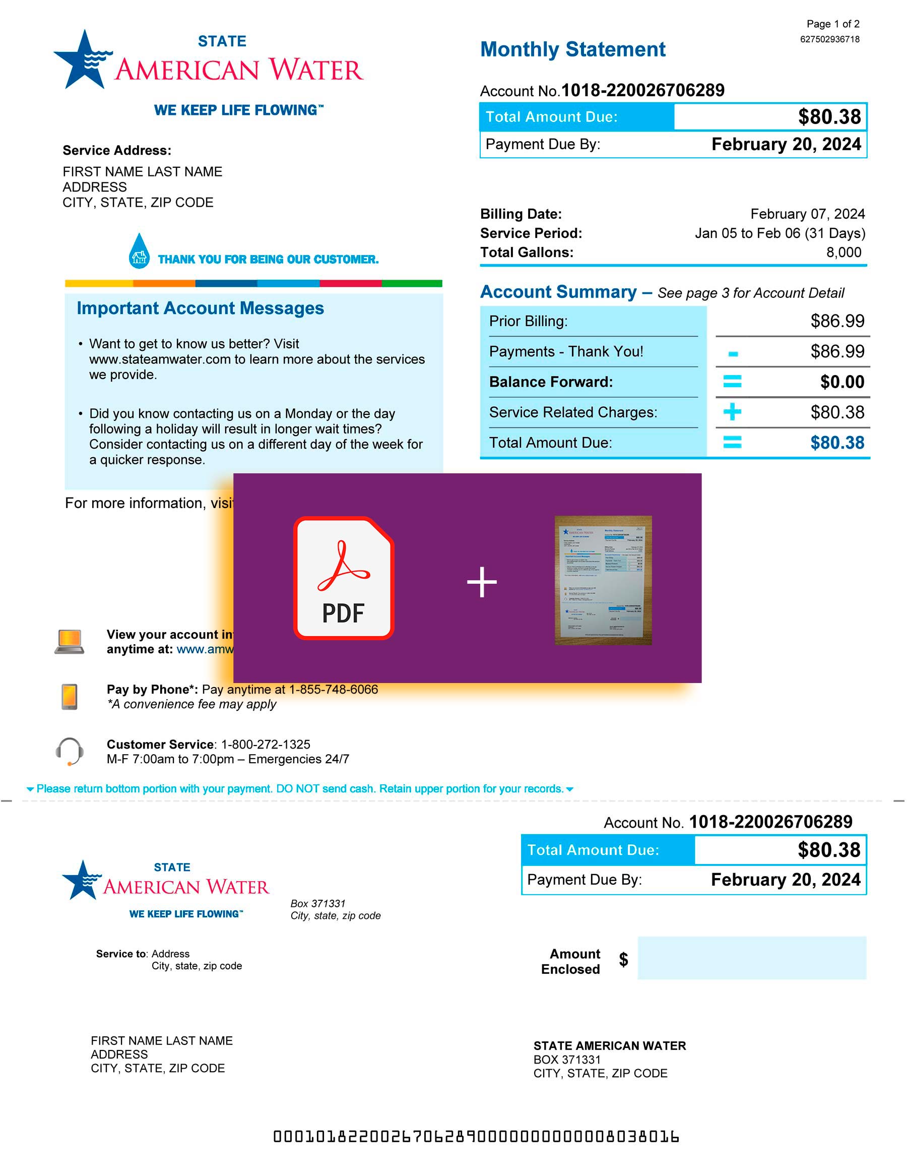 Illinois American Water bill template – includes authenticity banner