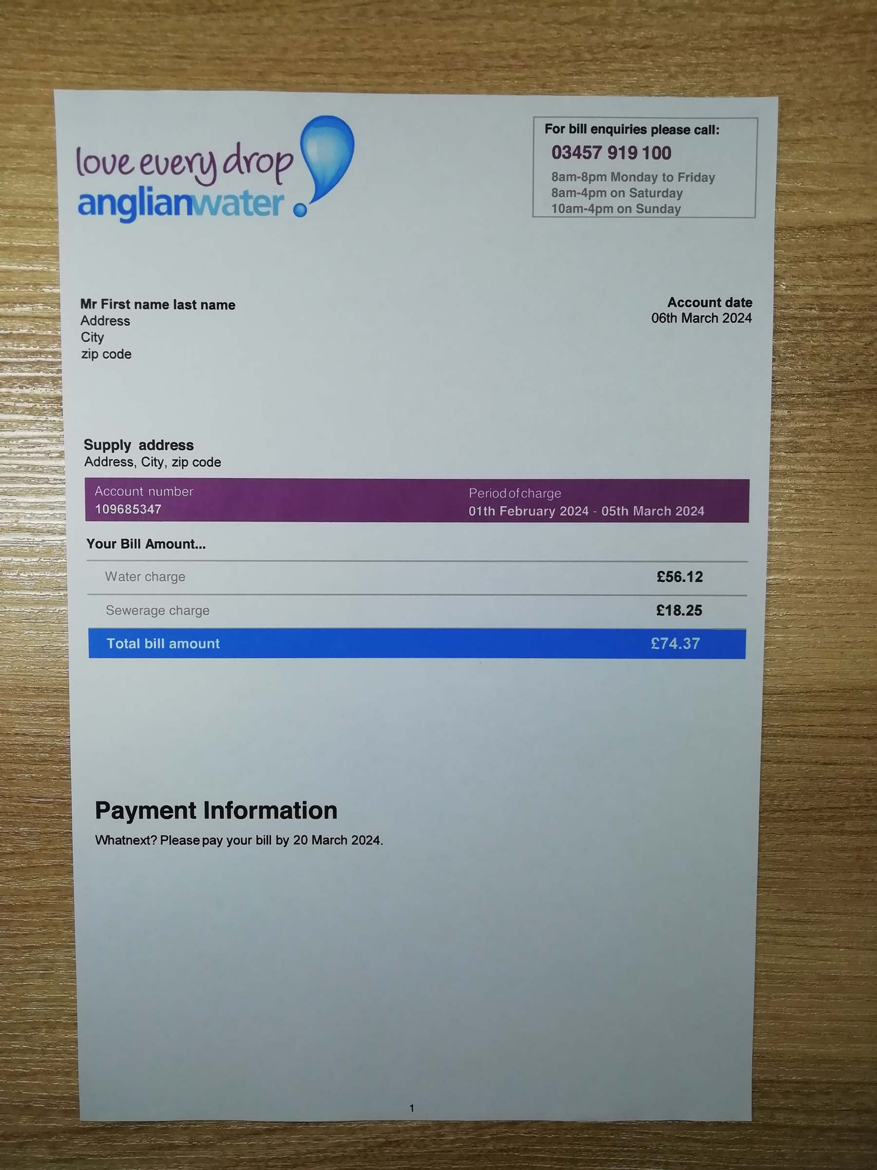 Real photo of {State} Anglian Water bill – physical evidence for residence