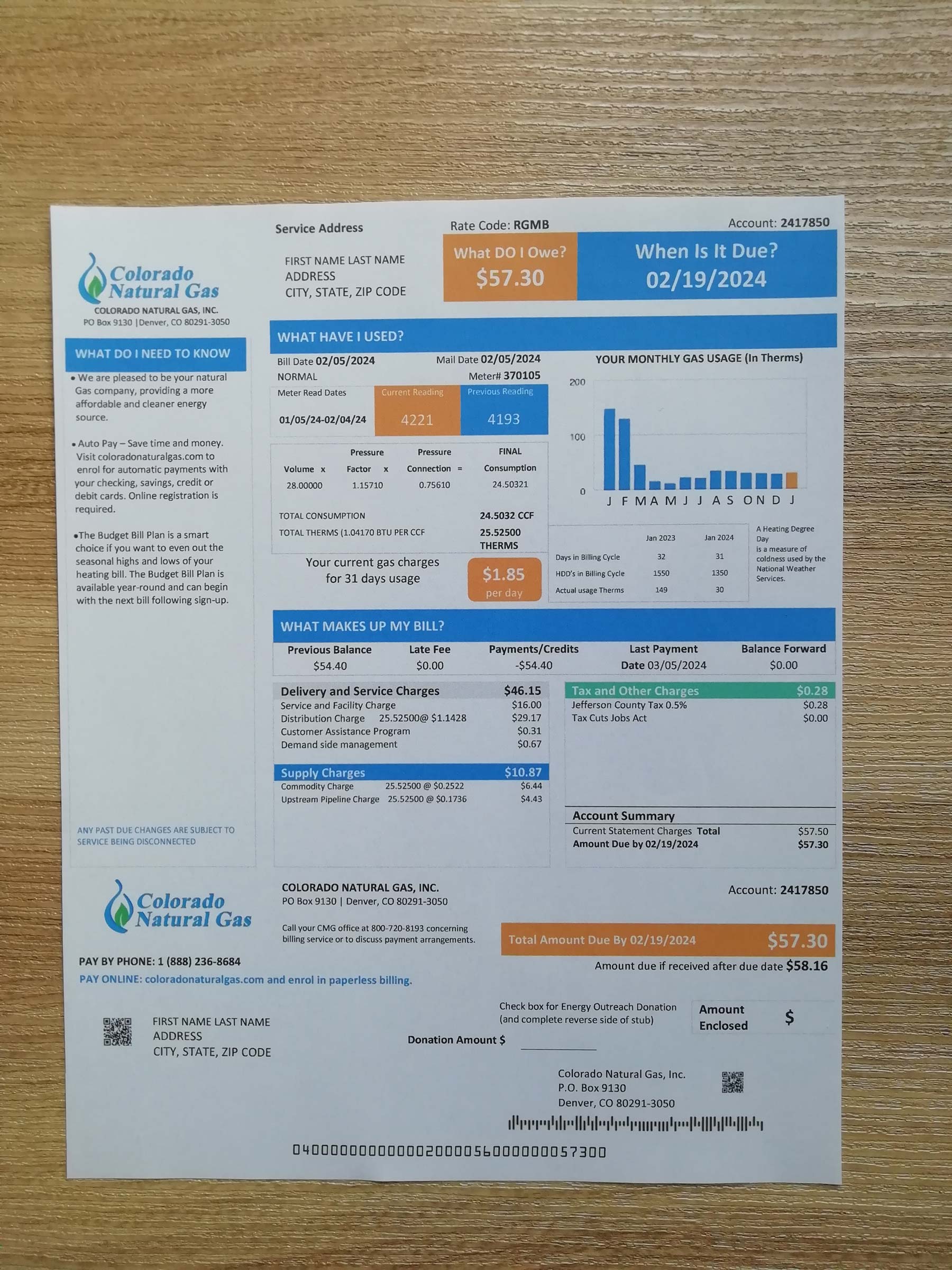 Natural Gas bill printed and photographed – address proof from Colorado