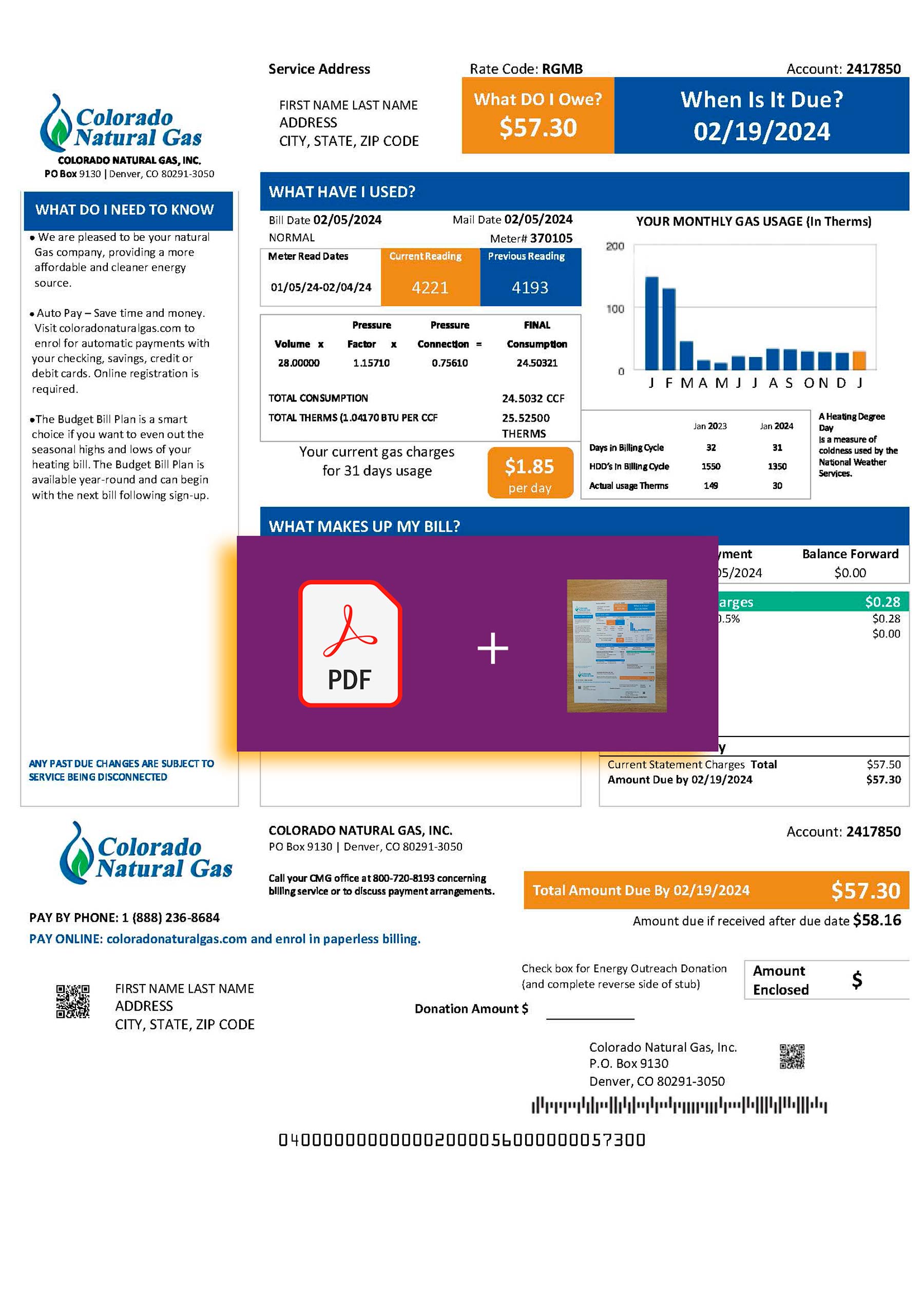 Colorado Natural Gas bill template – includes authenticity banner