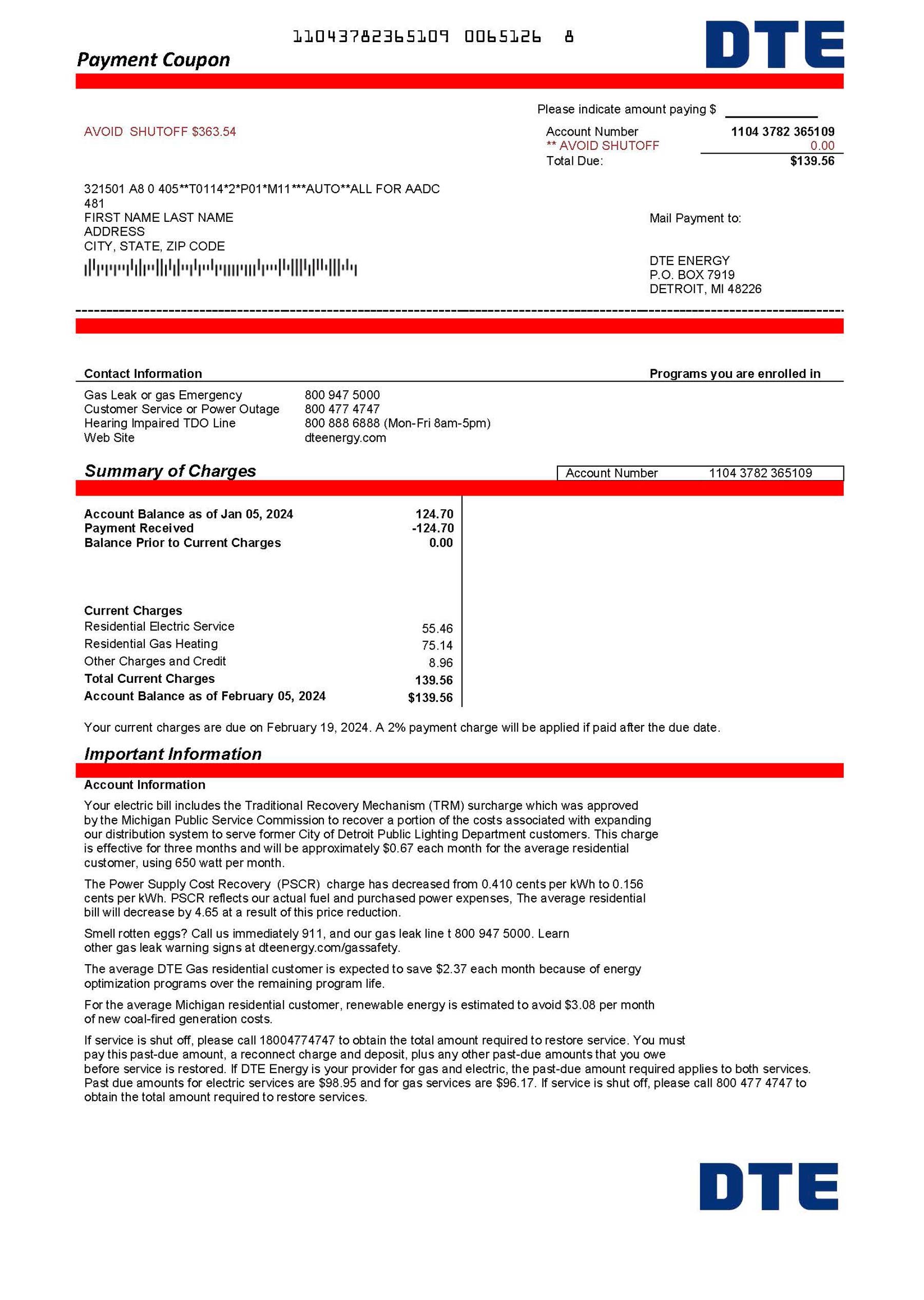 Editable {utility type} bill template – {State} DTE sample in PDF