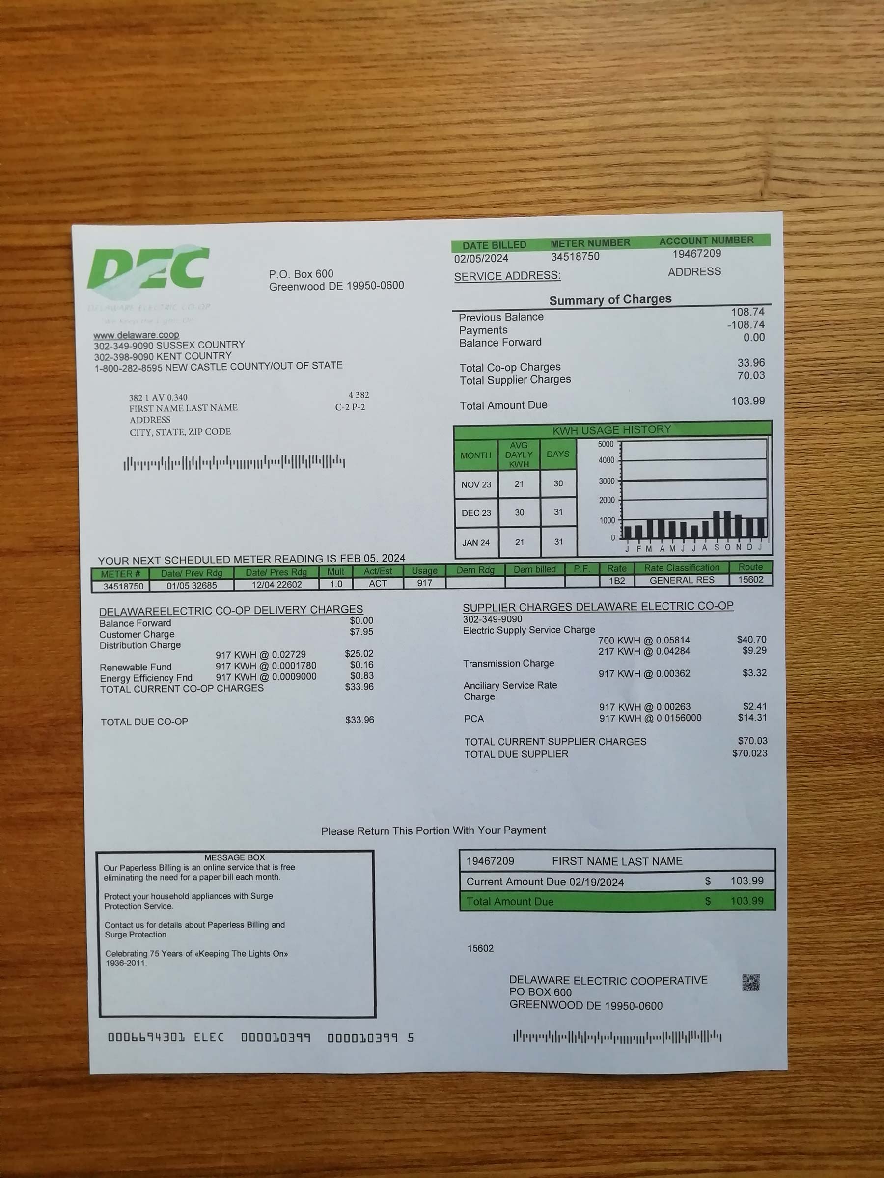 Real photo of Delaware Electric Co-op bill – physical evidence for residence