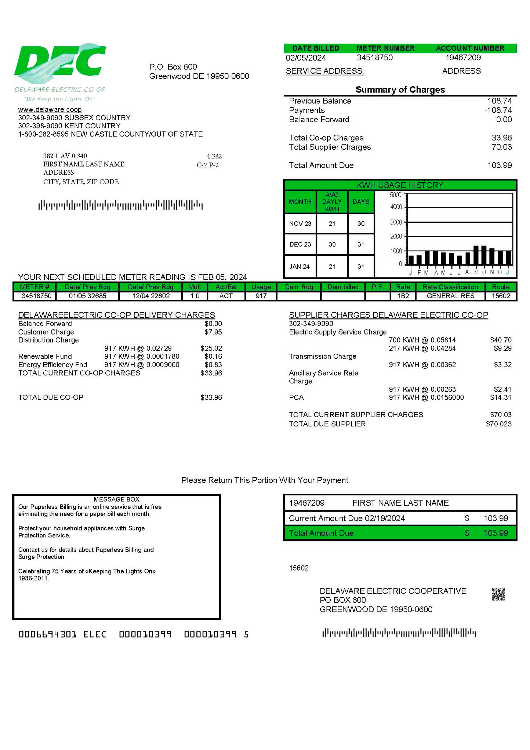 Delaware Electric Co-op {utility type} statement from {State} – modifiable PDF template