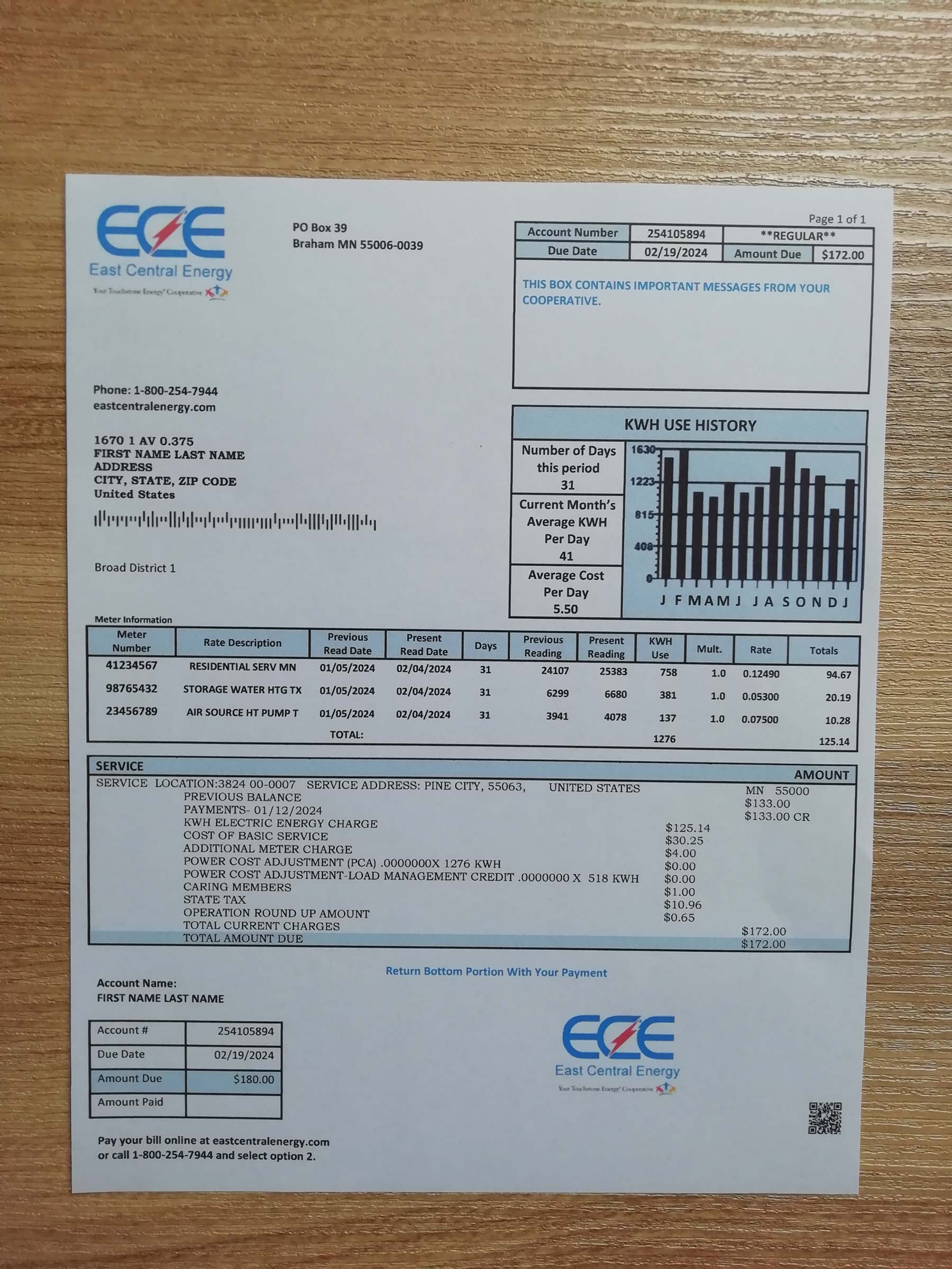 Visual example of printed East Central Energy utility bill in {State}