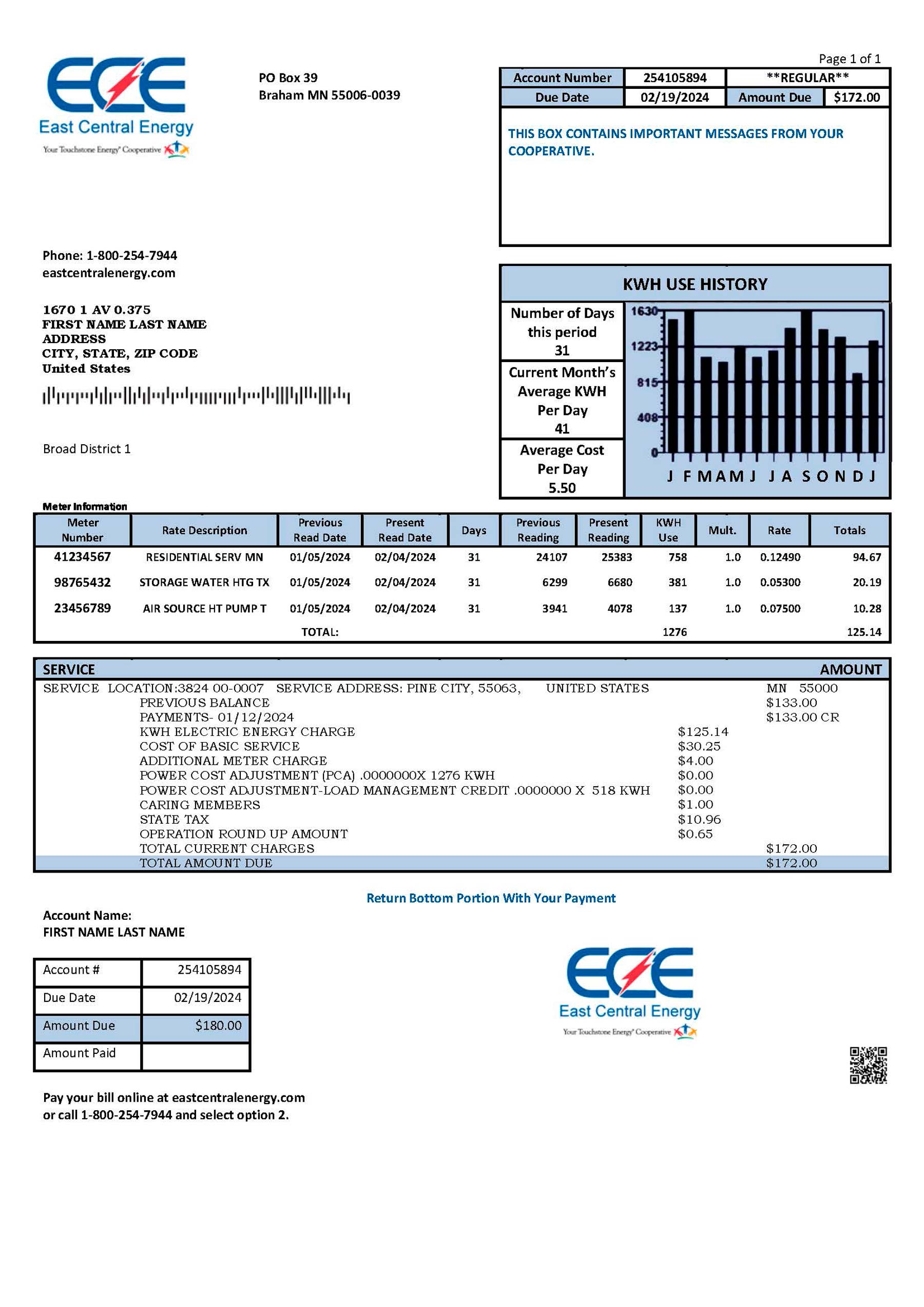 Clean layout of East Central Energy {utility type} bill – editable {State} version