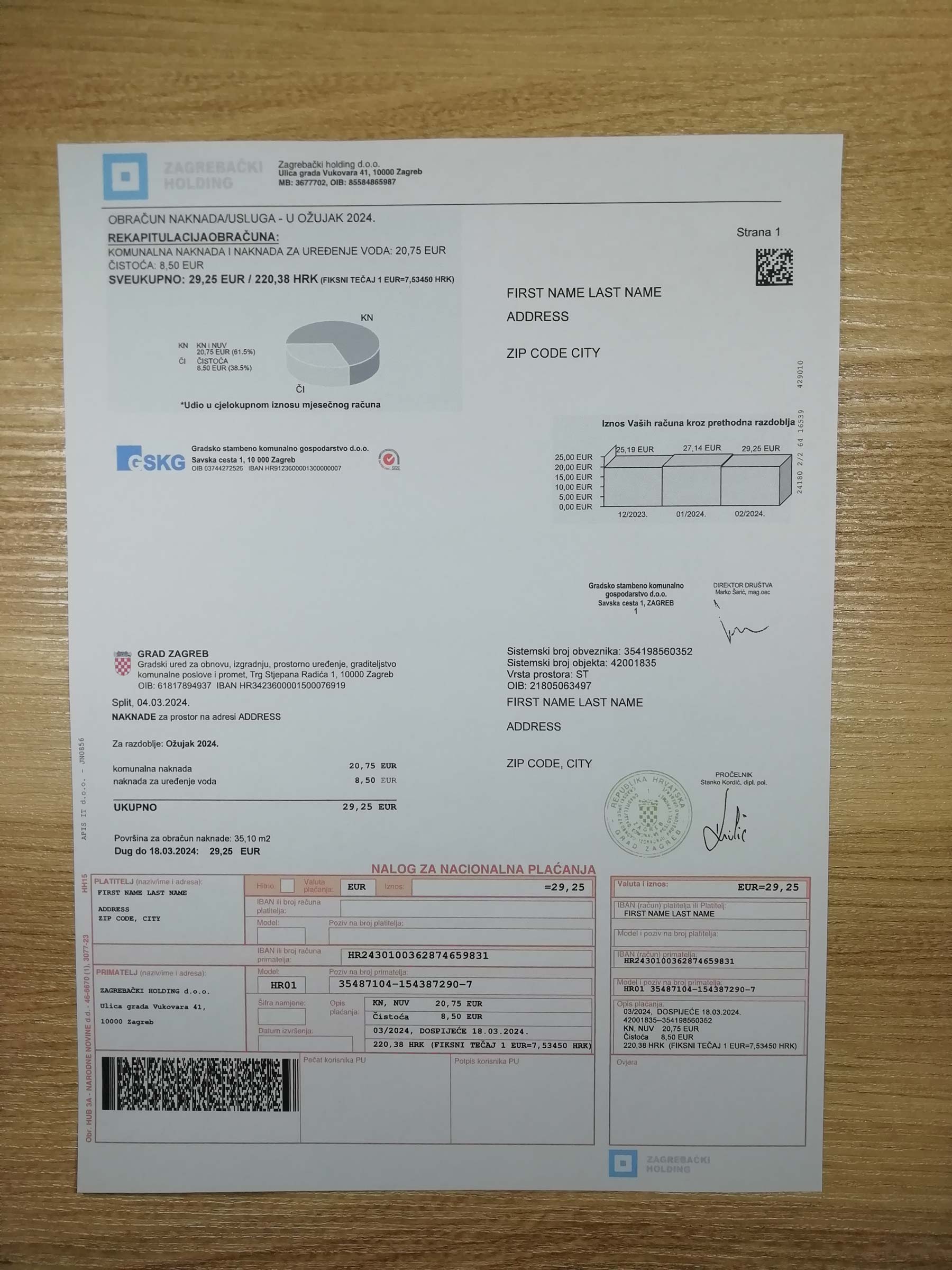 Authentic printed Zagrebacki Holding bill from {State} – proof of address example