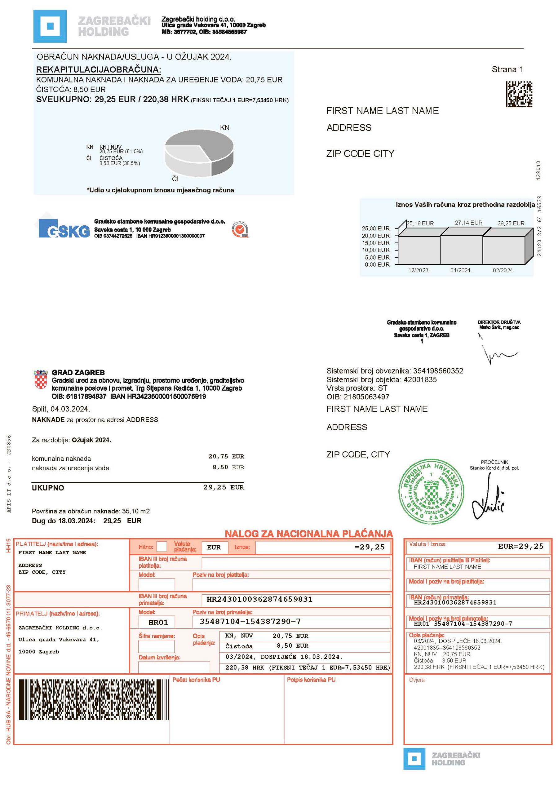 Croatia Editable {utility type} bill template – {State} Zagrebacki Holding sample in PDF