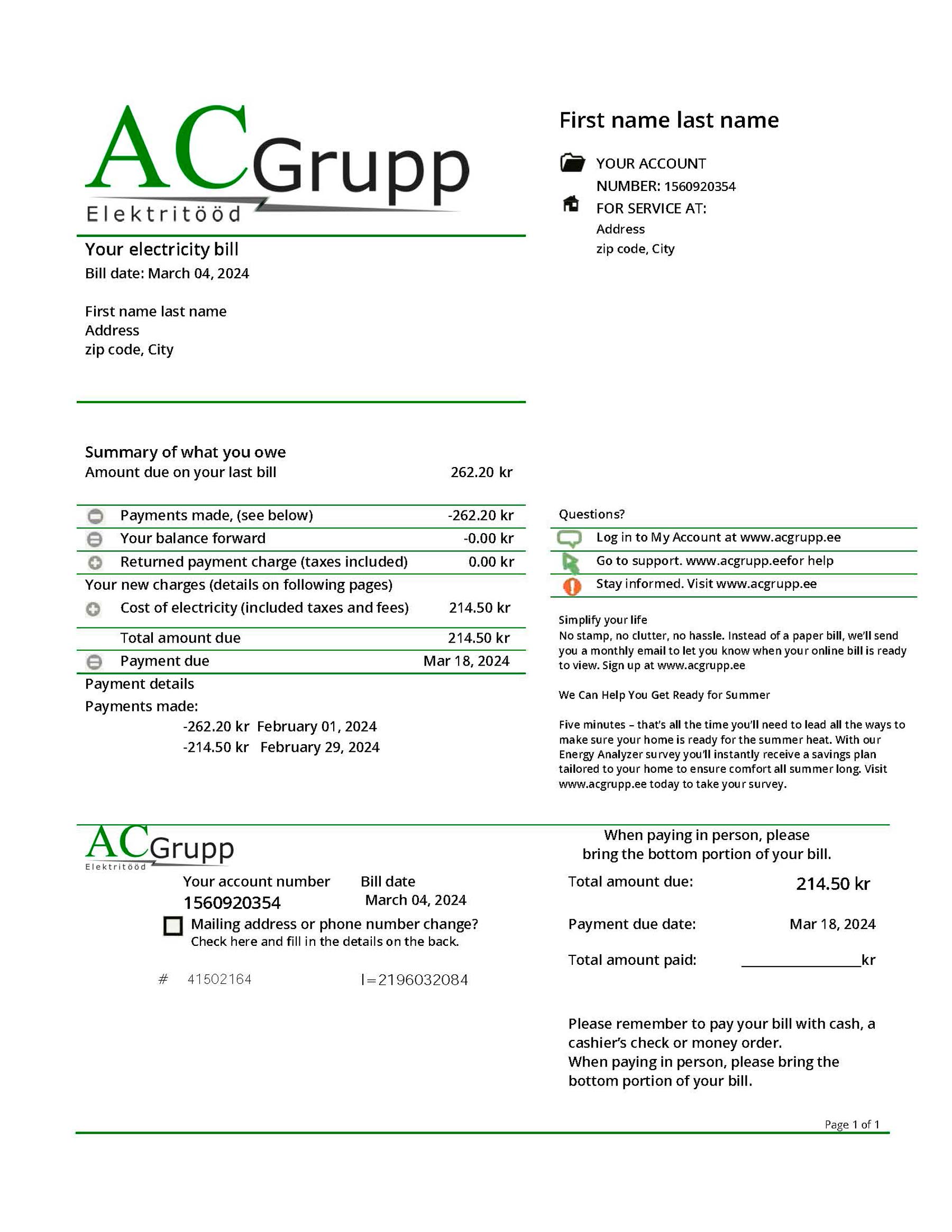 AC Grupp utility bill from {State} – customizable PDF for address proof