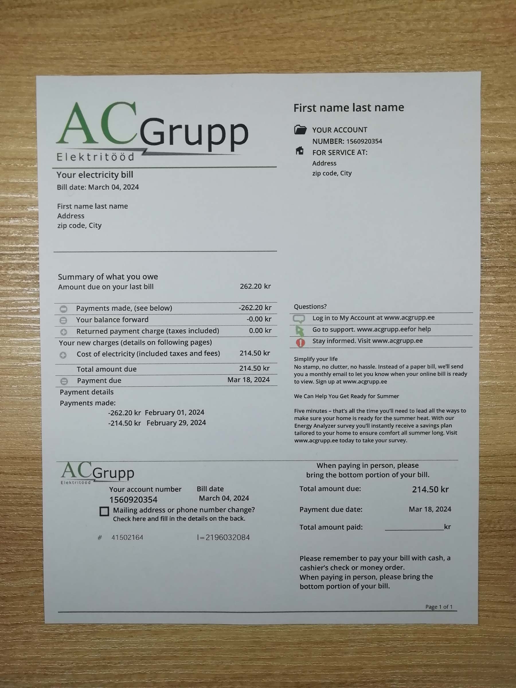 AC Grupp bill printed and photographed – address proof from {State}