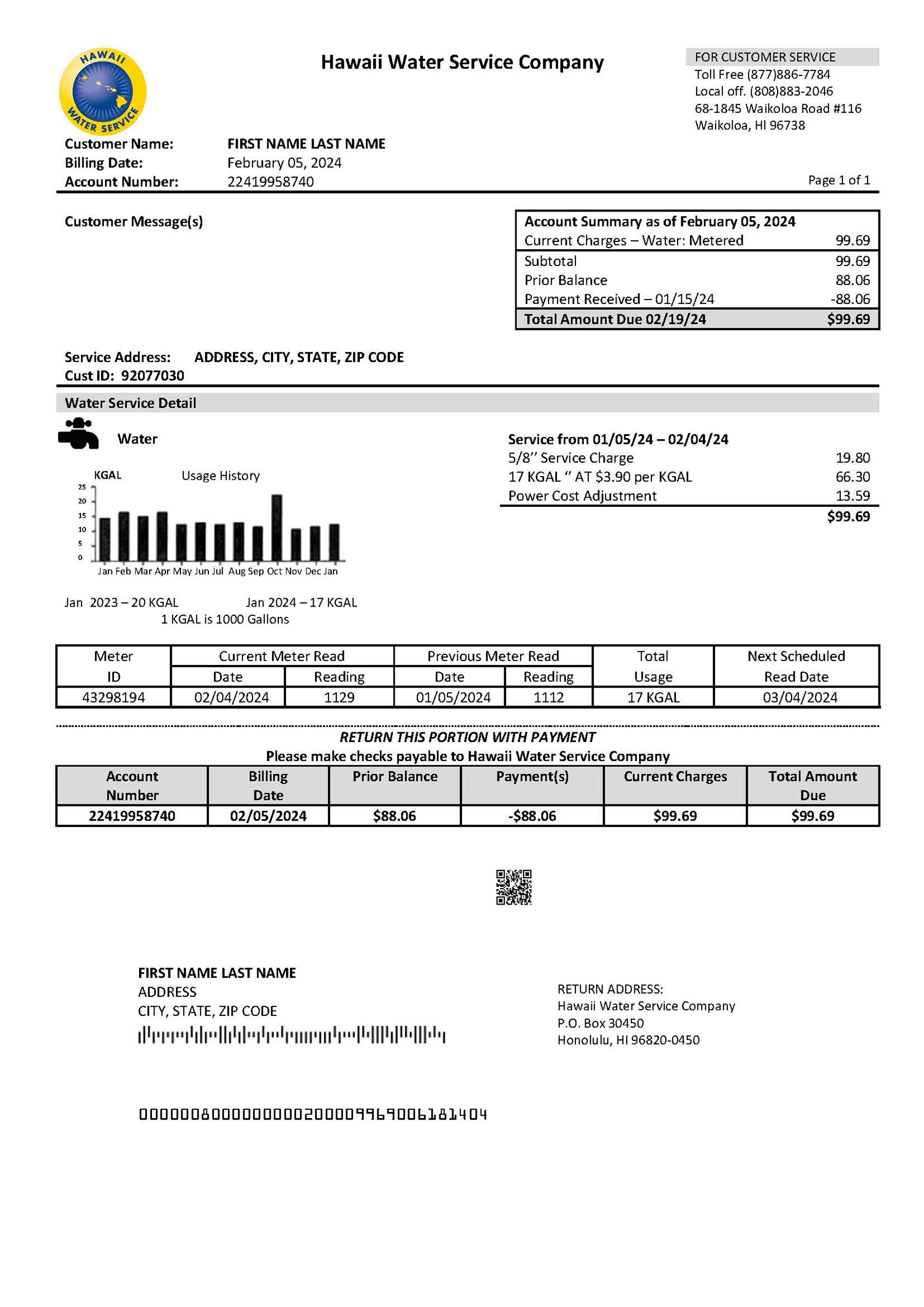Water Service Editable {utility type} bill template – Hawaii Water Service Company sample in PDF