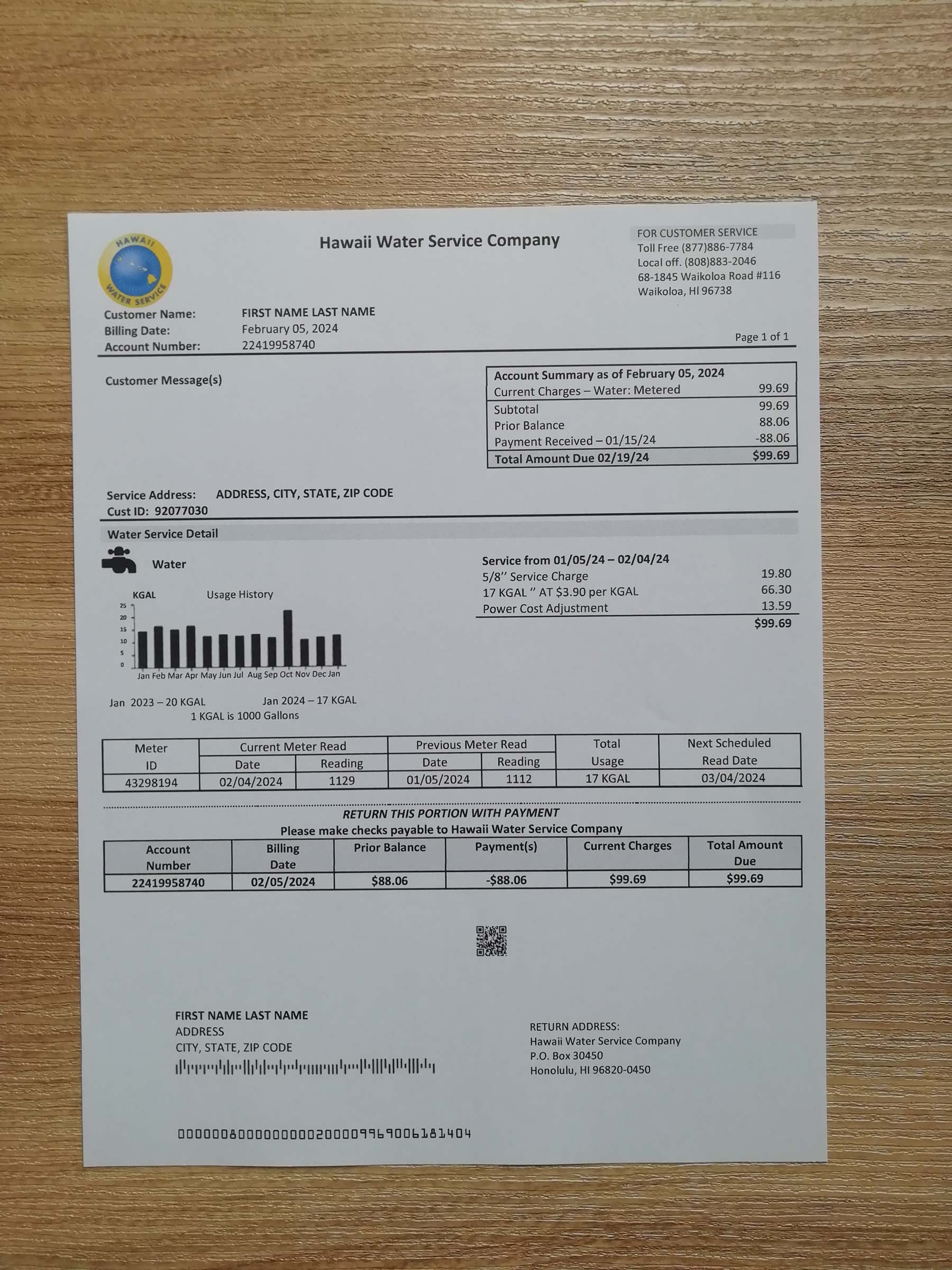 Hawaii Water Service Company bill printed and photographed – address proof from {State}