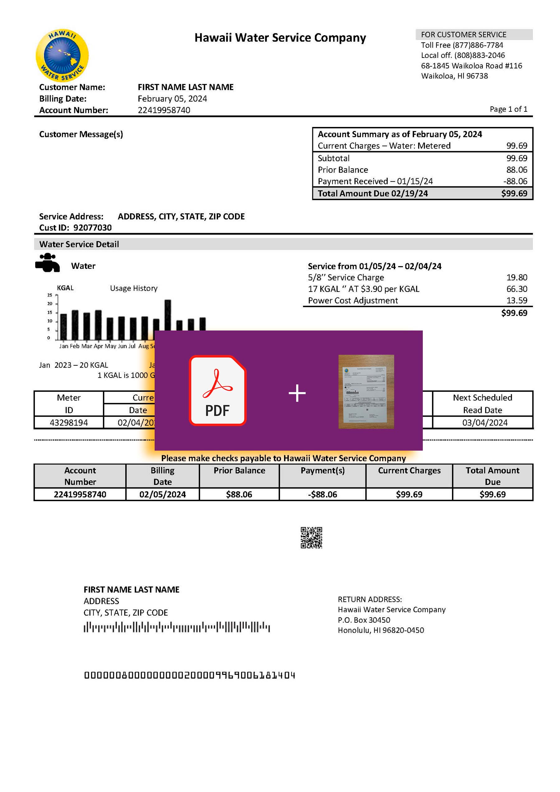 Hawaii Water Service Company bill template – includes authenticity banner