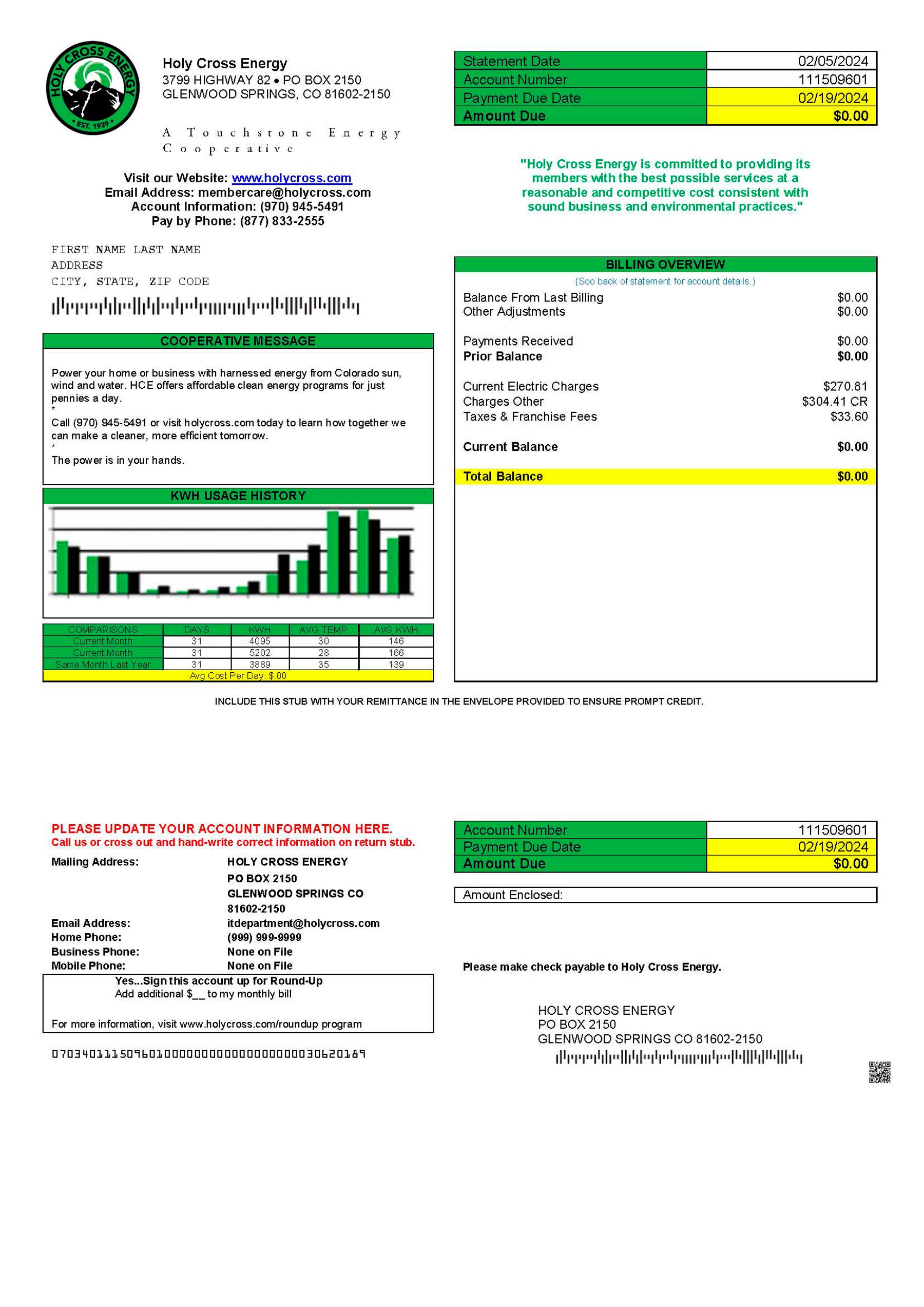 Holy Cross Energy Clean layout of Holy Cross Energy bill – editable {State} version