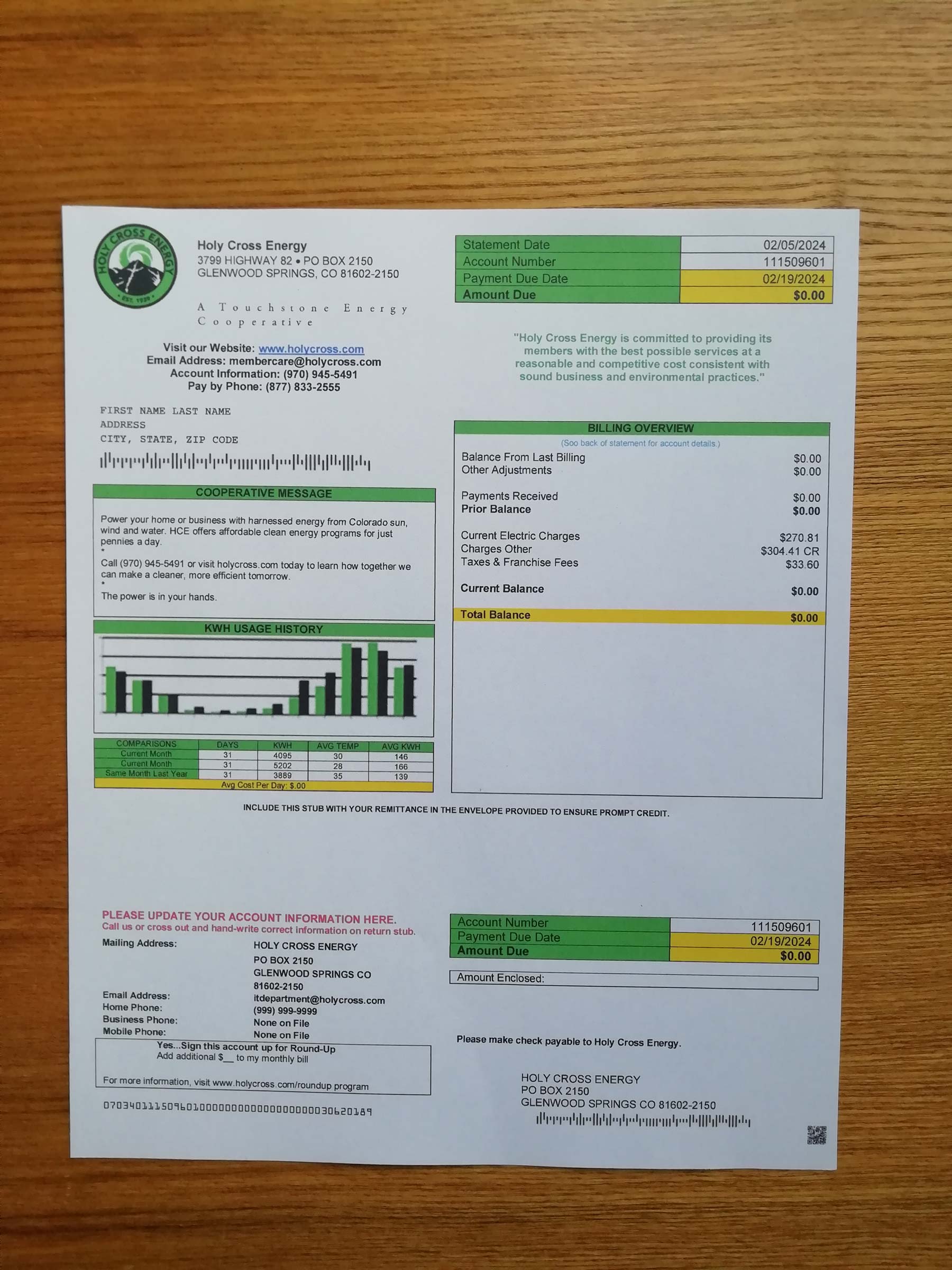 Visual example of printed Holy Cross Energy utility bill in {State}