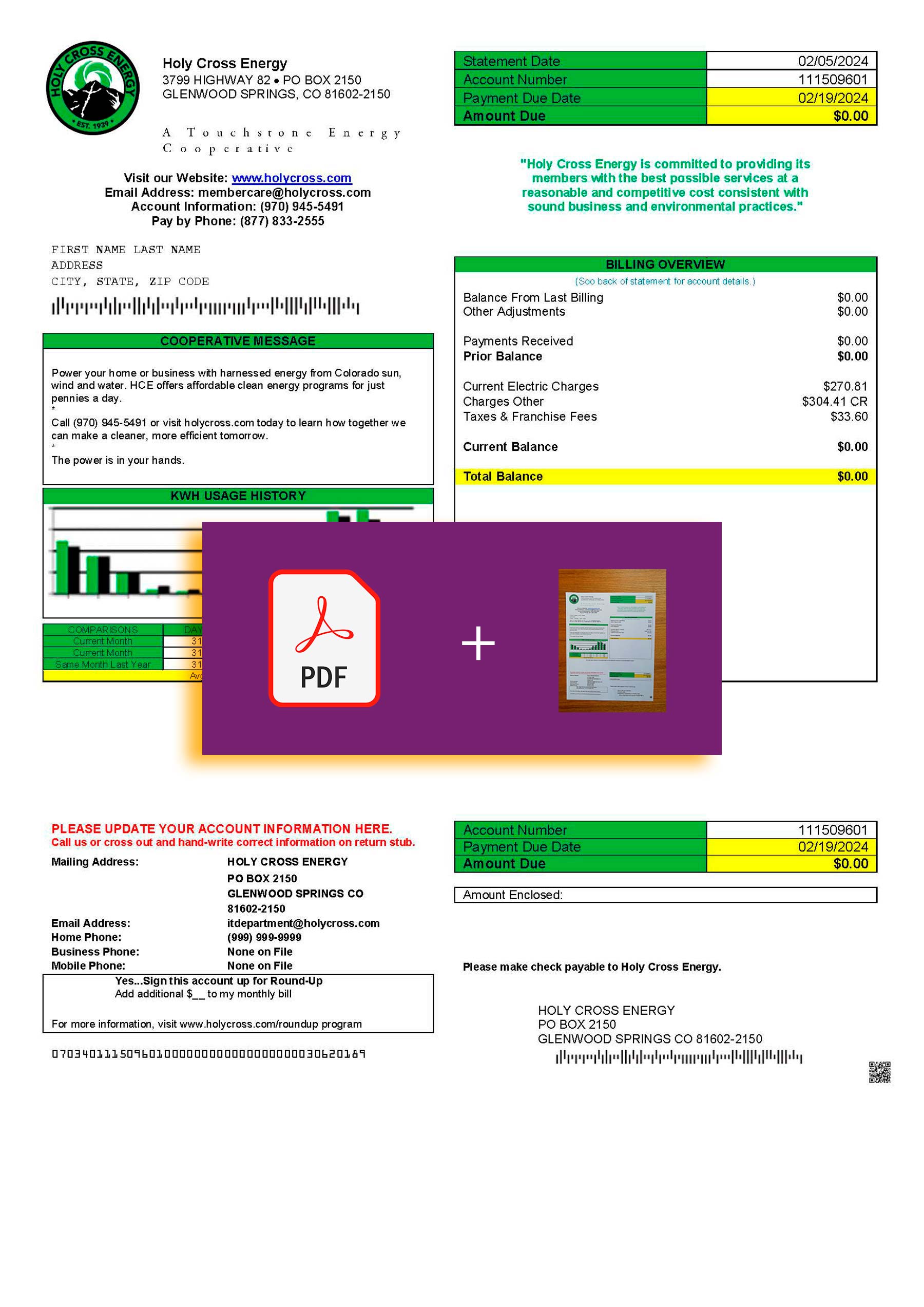 Holy Cross Energy document for {State} – proof-of-address label applied