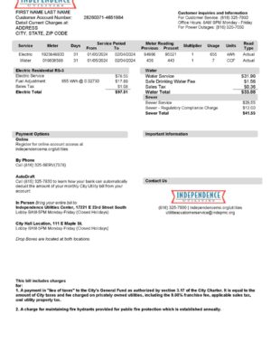 Independence Utilities utility bill from {State} – customizable PDF for address proof