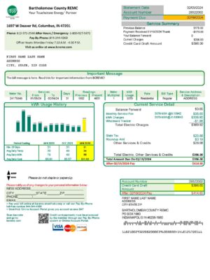 Clean layout of Bartholomew Country REMC {utility type} bill – editable Indiana version