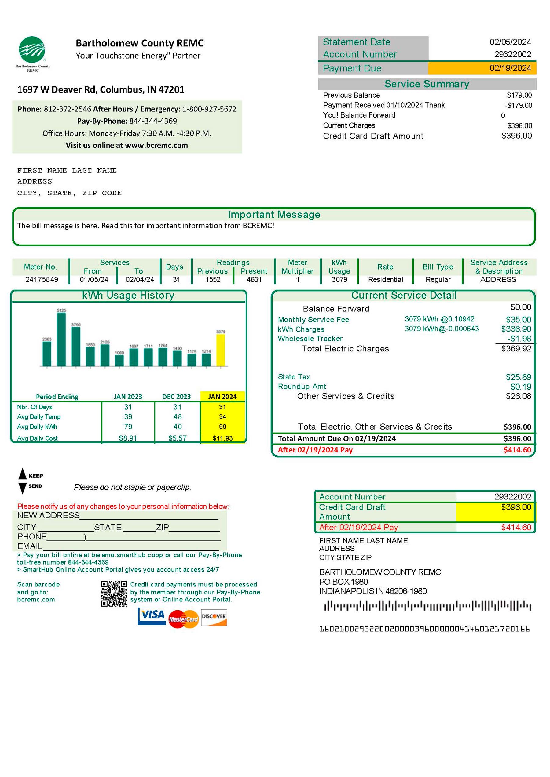 Clean layout of Bartholomew Country REMC {utility type} bill – editable Indiana version