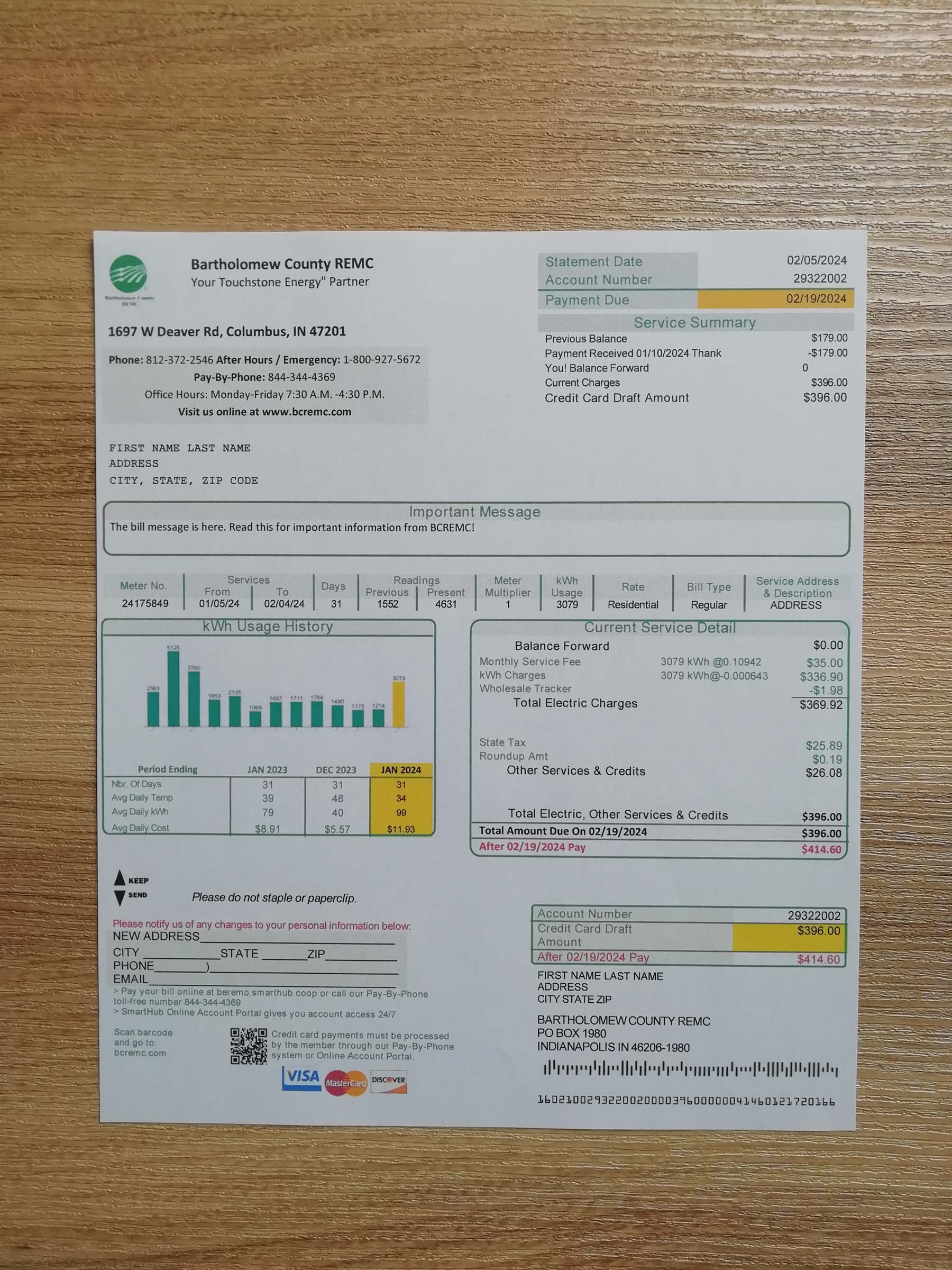 Real photo of Indiana Bartholomew Country REMC bill – physical evidence for residence
