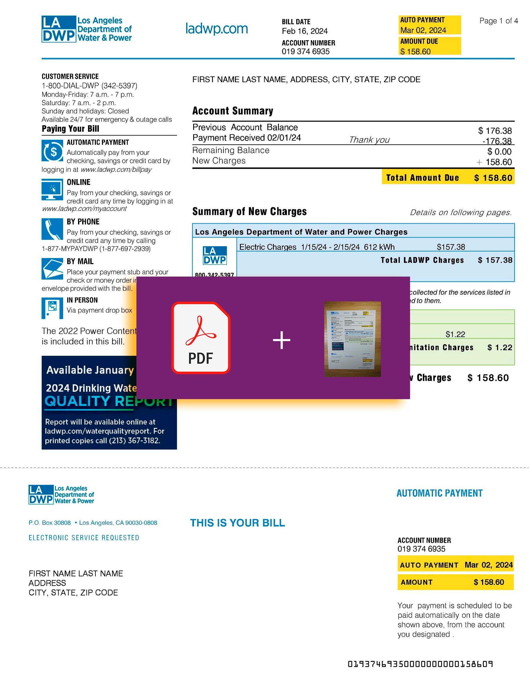 Downloadable {utility type} bill from Los Angeles Department of Water and Power, {State} – banner included