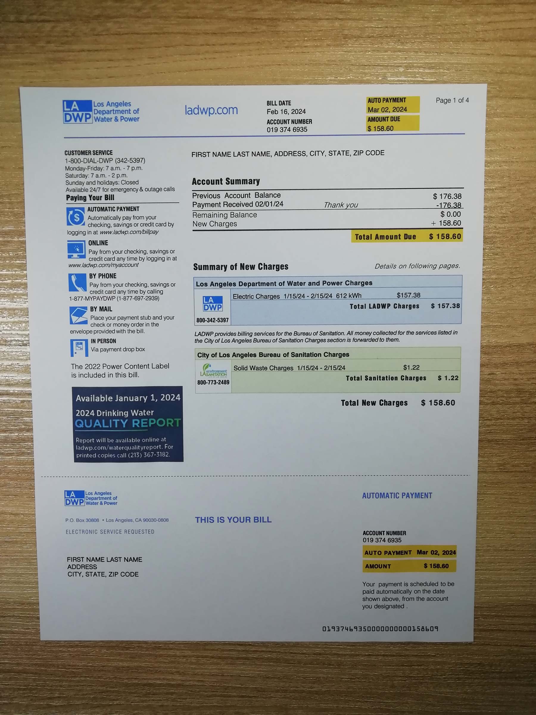 Authentic printed Los Angeles Department of Water and Power bill from {State} – proof of address example
