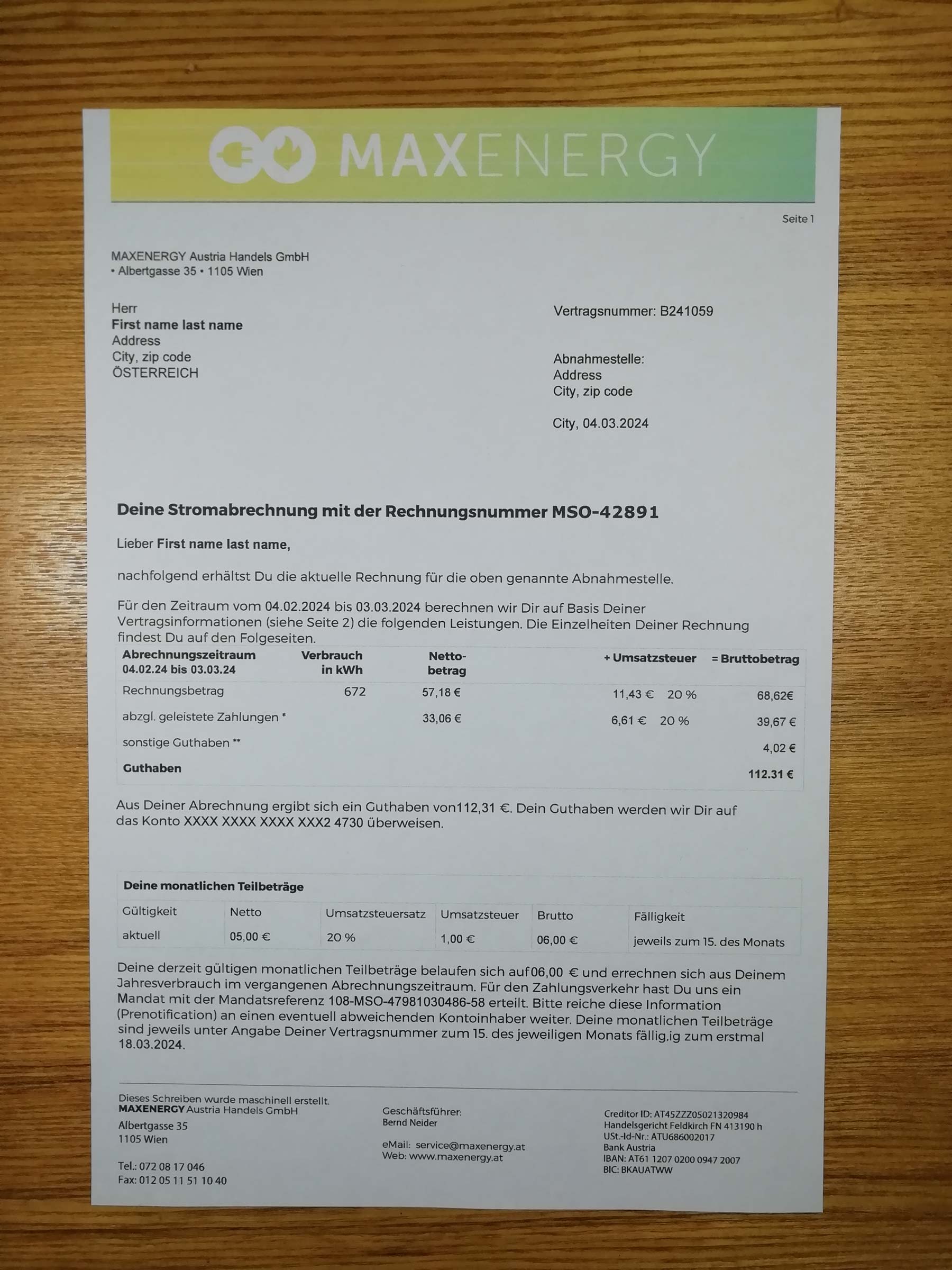 Austria Authentic printed MaxEnergy bill from {State} – proof of address example