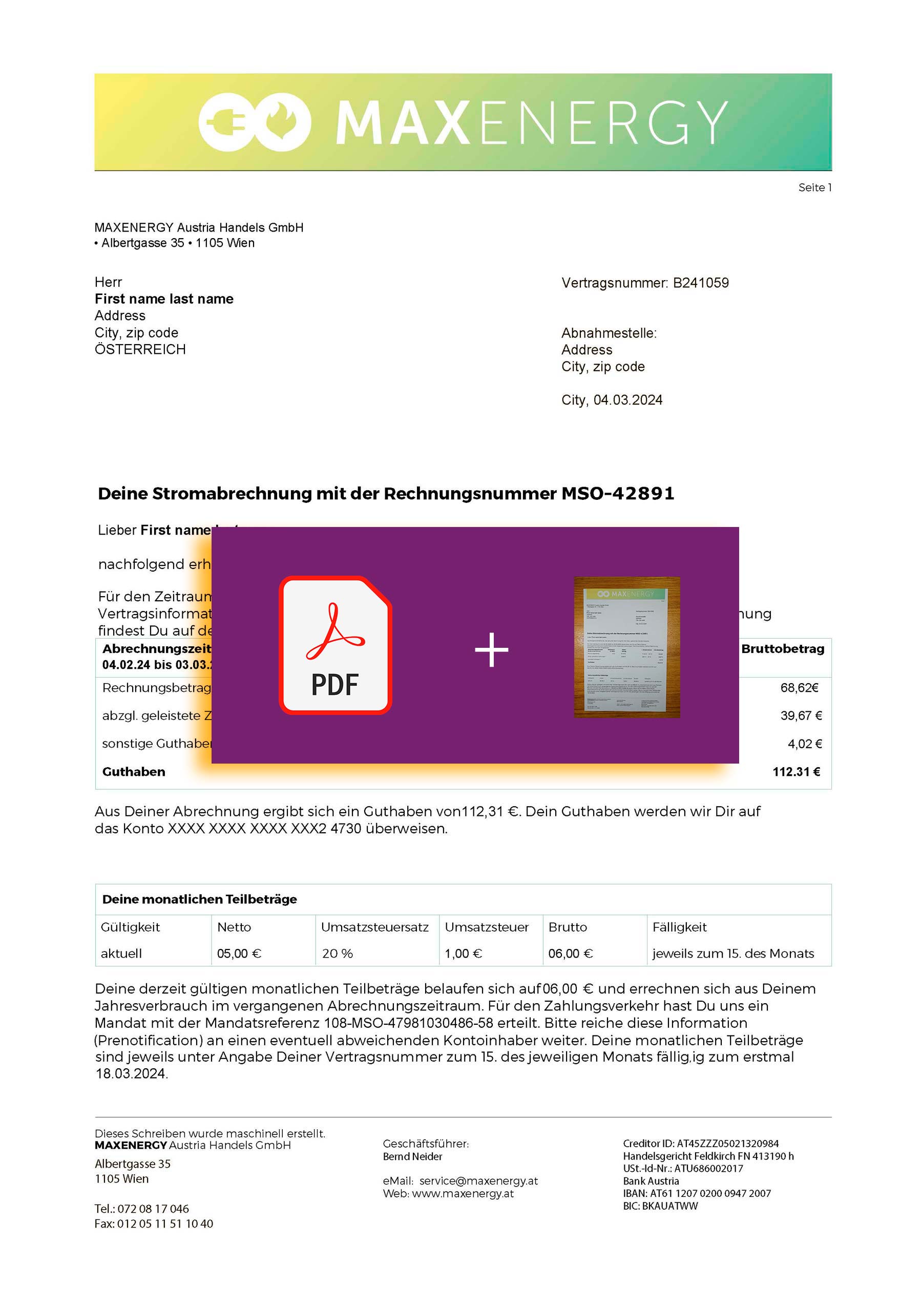 Austria Downloadable {utility type} bill from MaxEnergy, {State} – banner included