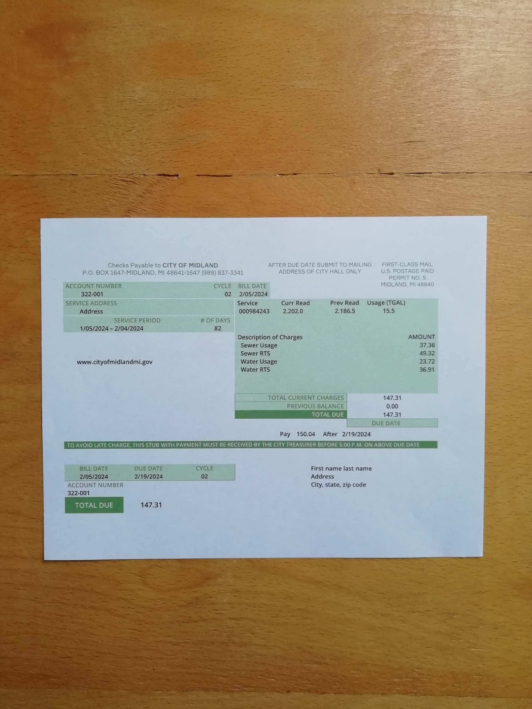 Michigan Water bill printed and photographed – address proof from {State}