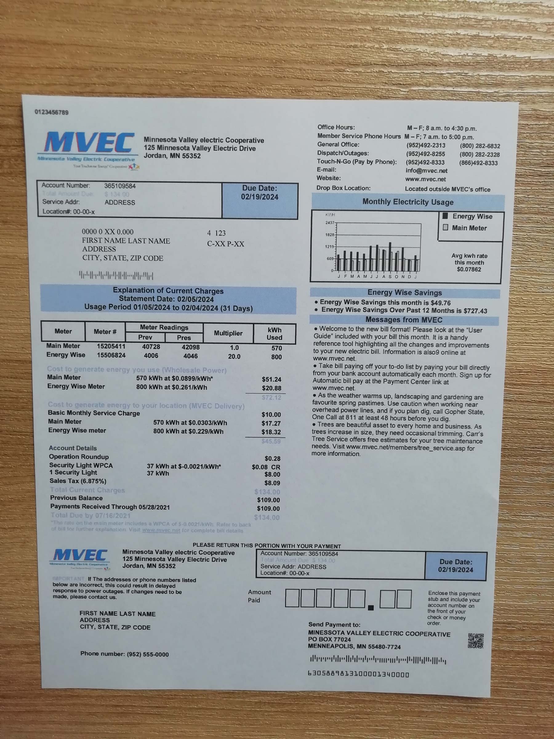 Authentic printed Valley Electric Cooperative bill from {State} – proof of address example