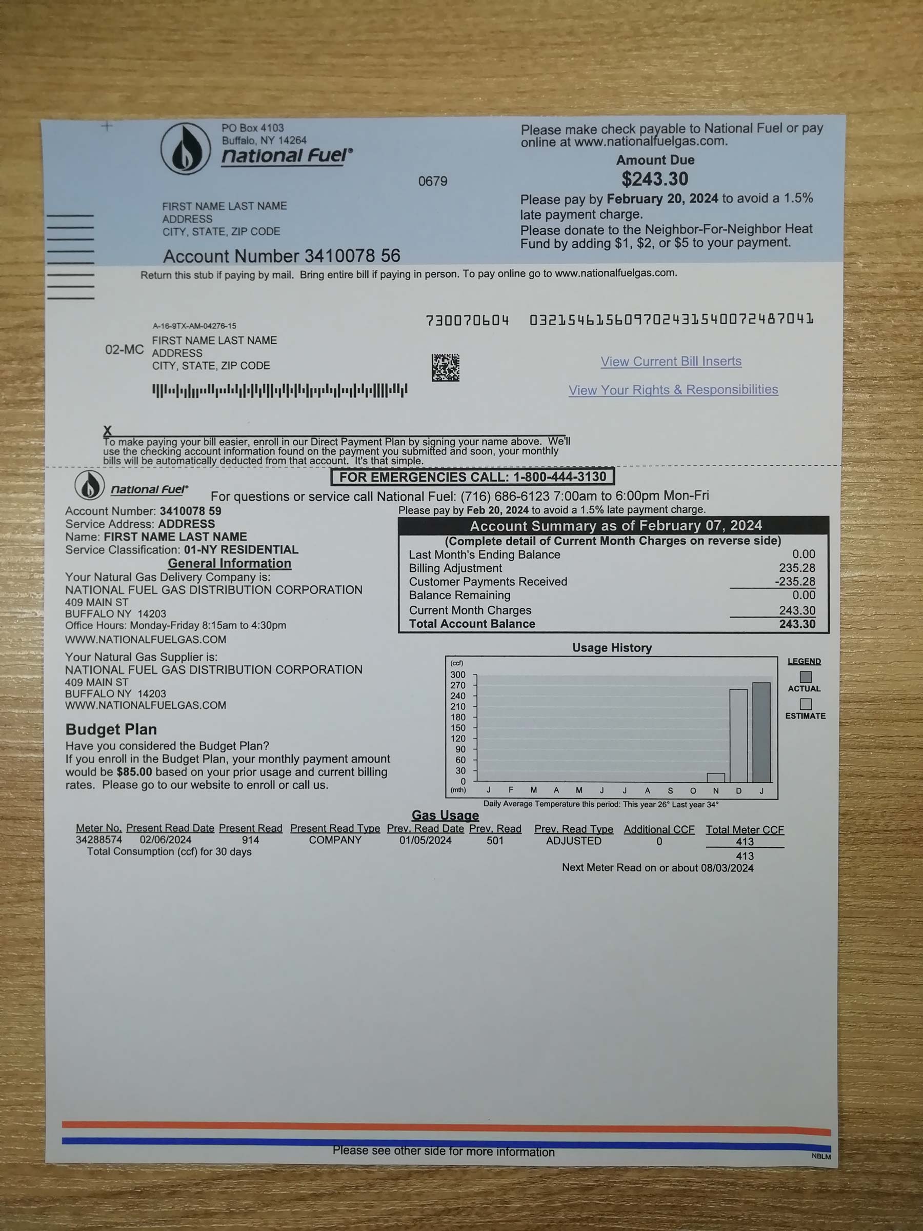 Visual example of printed National Fuel utility bill in {State}
