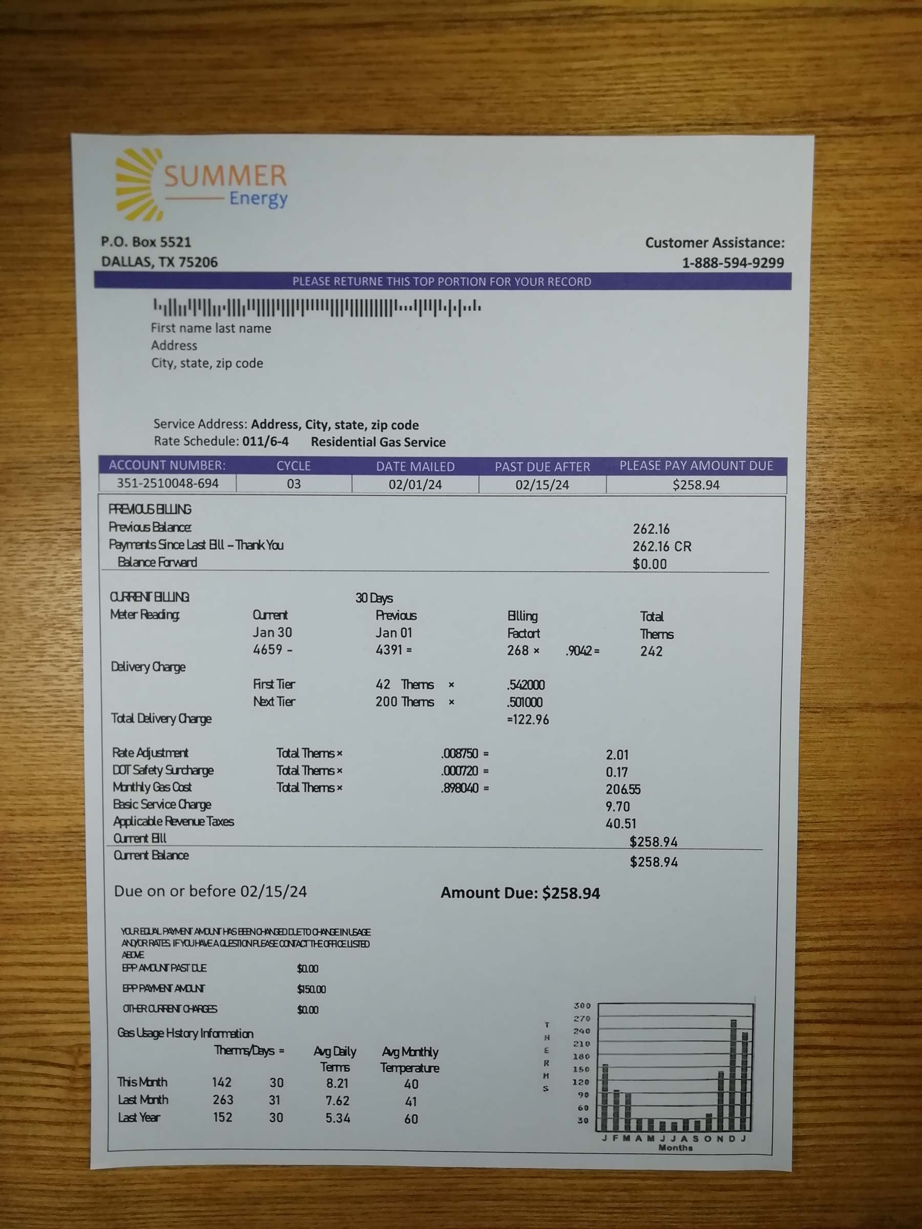 Printed {State} Summer Energy utility bill – real photo for document verification